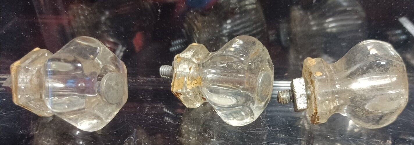8 Vtg Antique Clear Glass Hexagon Dresser Drawer Cabinet Pulls Knob 1 ” Knobs