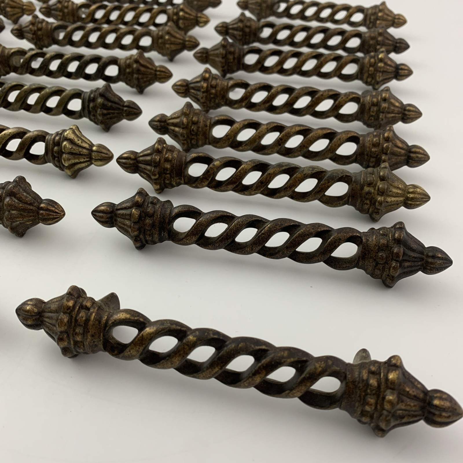 24 Vintage Keeler KBC Art Deco Ornate Twist Brass Drawer Cabinet Pulls Marked