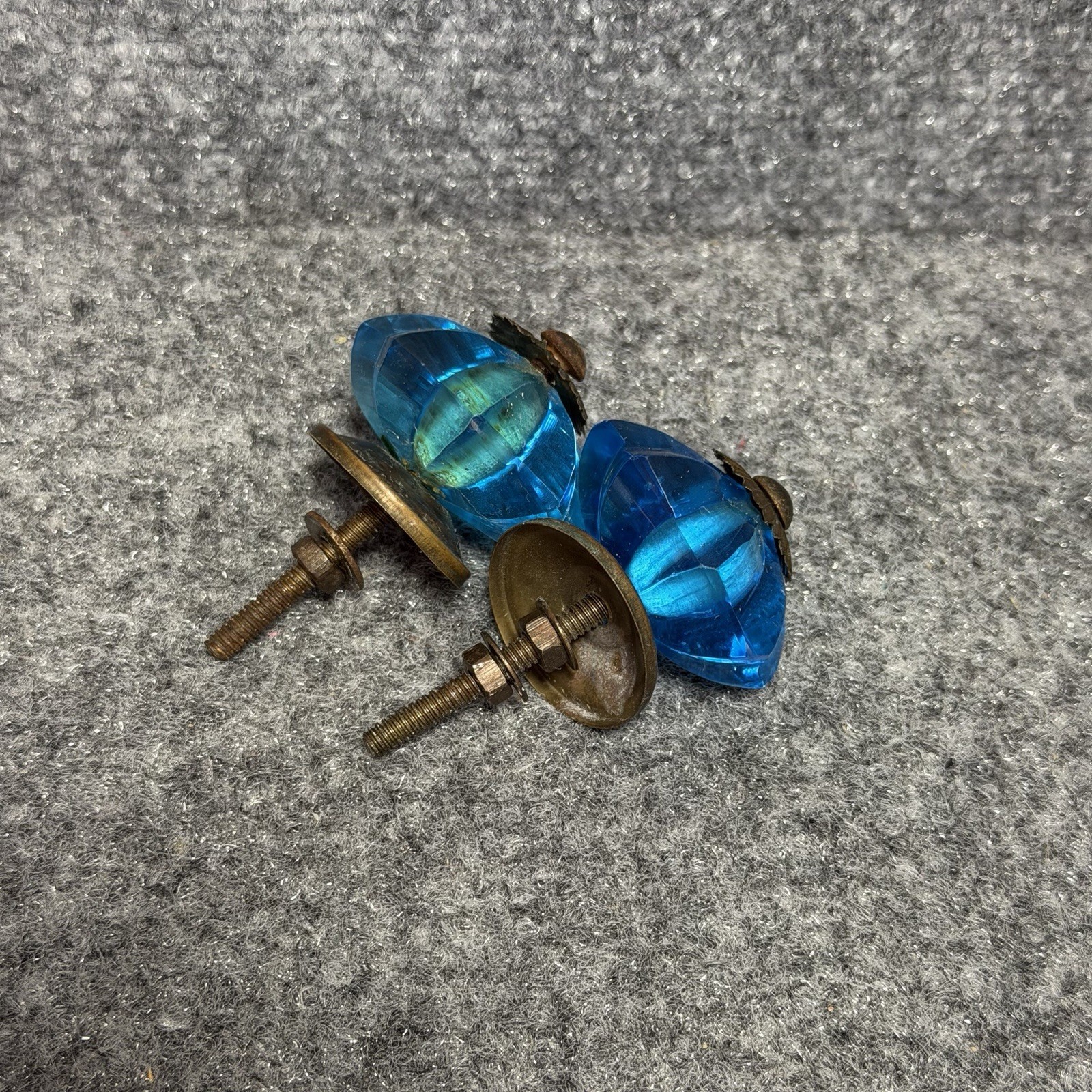 Vintage Brass Floral Aqua Blue Cut Glass Drawer Knob Handle Pull Handmade 2pcs