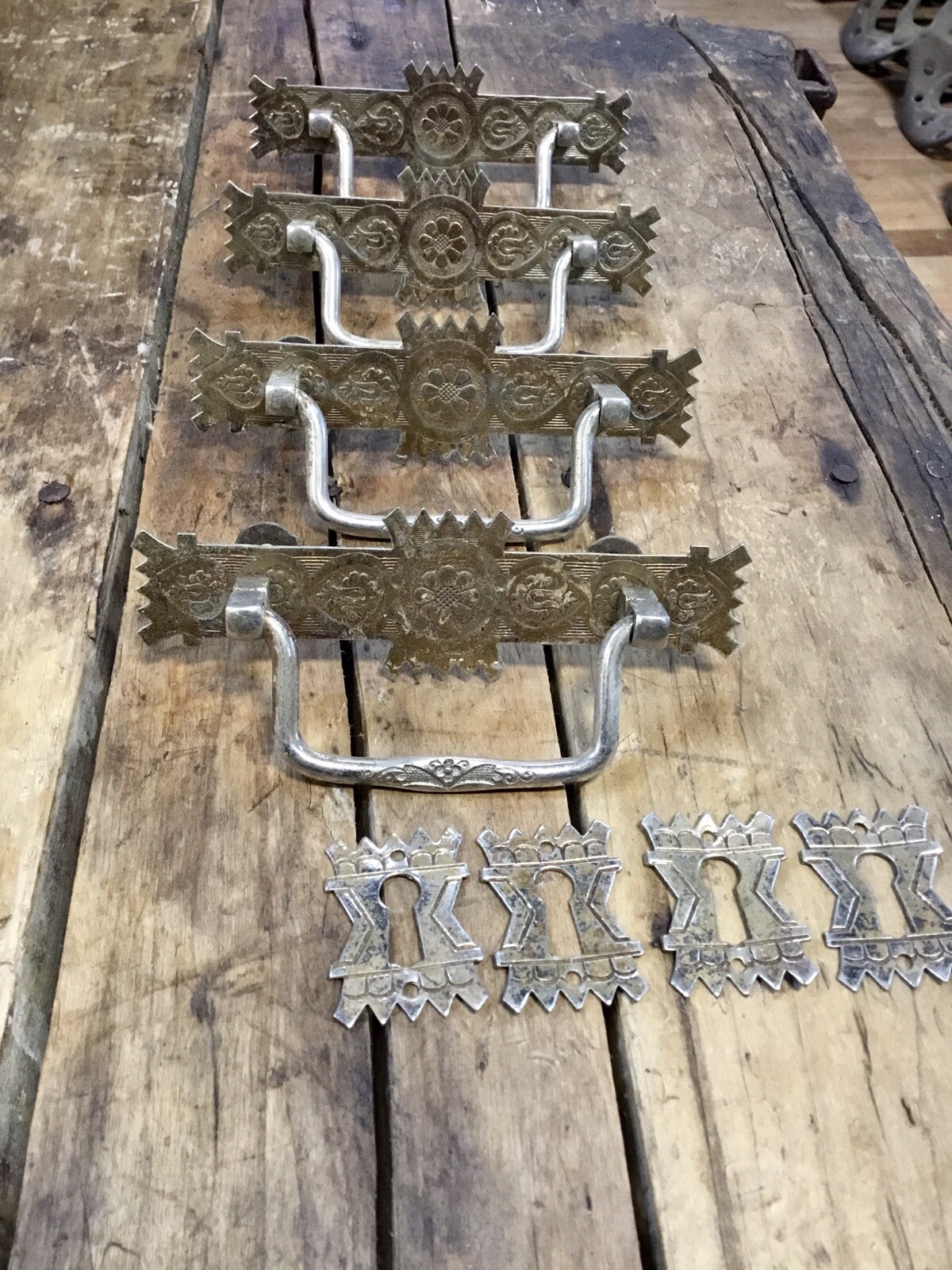 vintage antique stamped metal drawer pulls handles gold floral design key plates