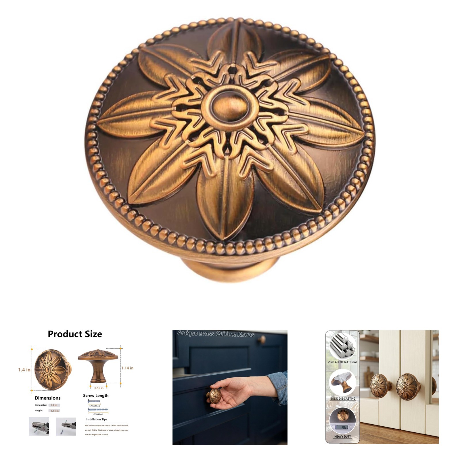 Antique Brass Cabinet Knobs 8 Pack Vintage Round Drawer Pulls for Cabinets
