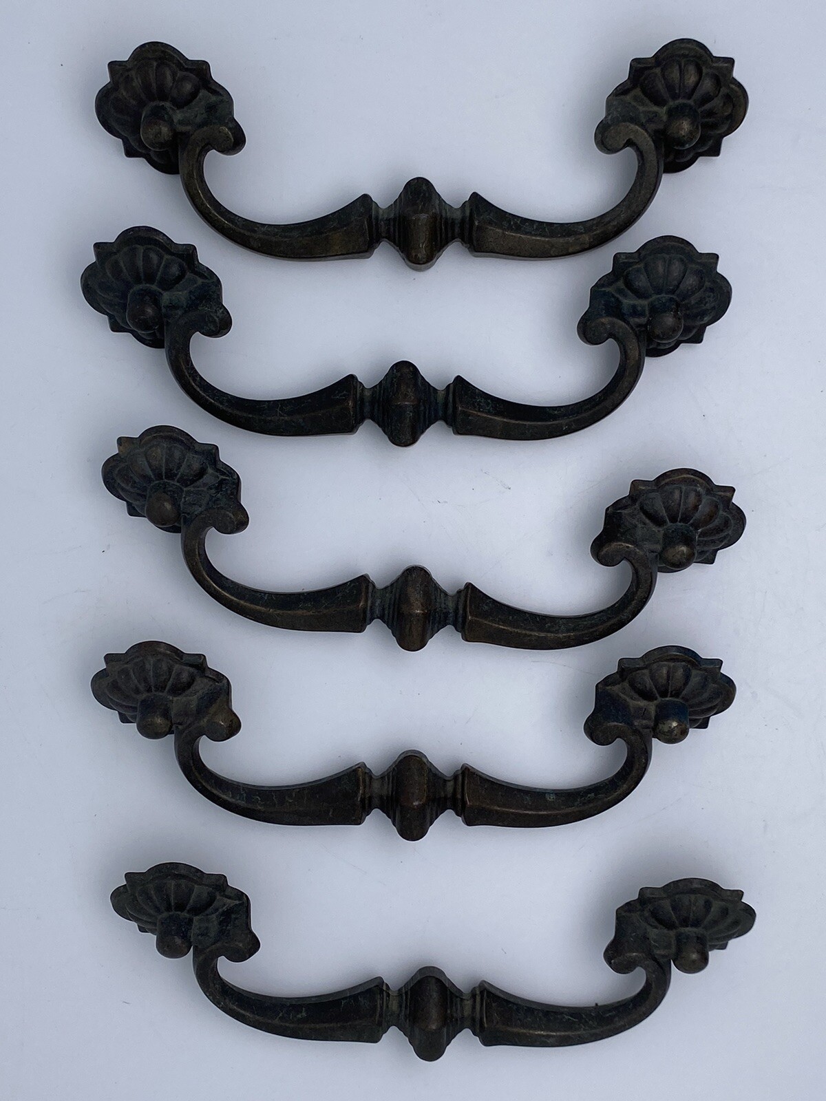 Set of 5 Vintage Antique Ornate Brass Drawer Pulls Handles 7″ Original Patina