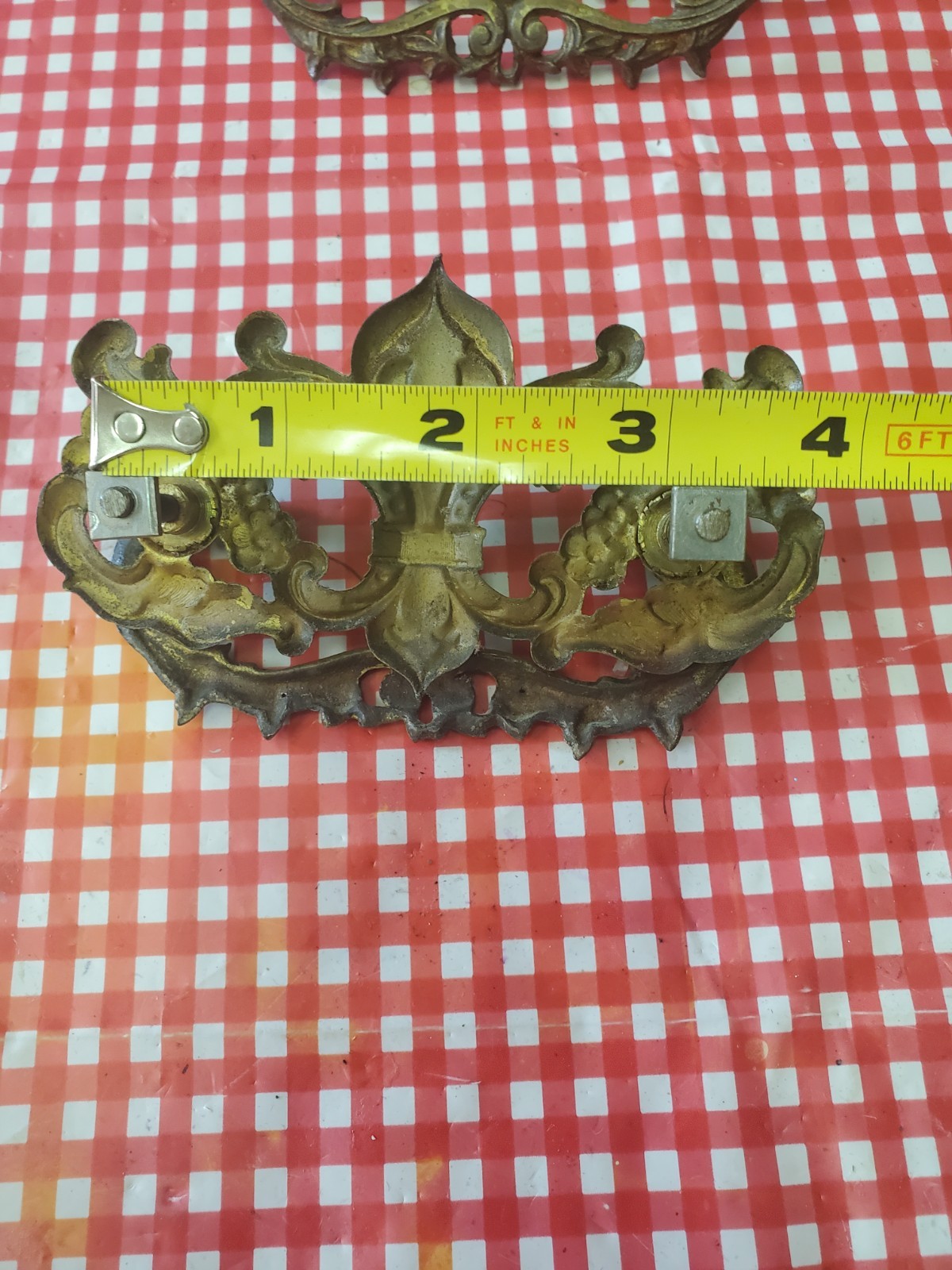 Set 6 Ornate Victorian Drawer Pulls Bail Handles Brass Fleur-de-lis w/3 keyholes