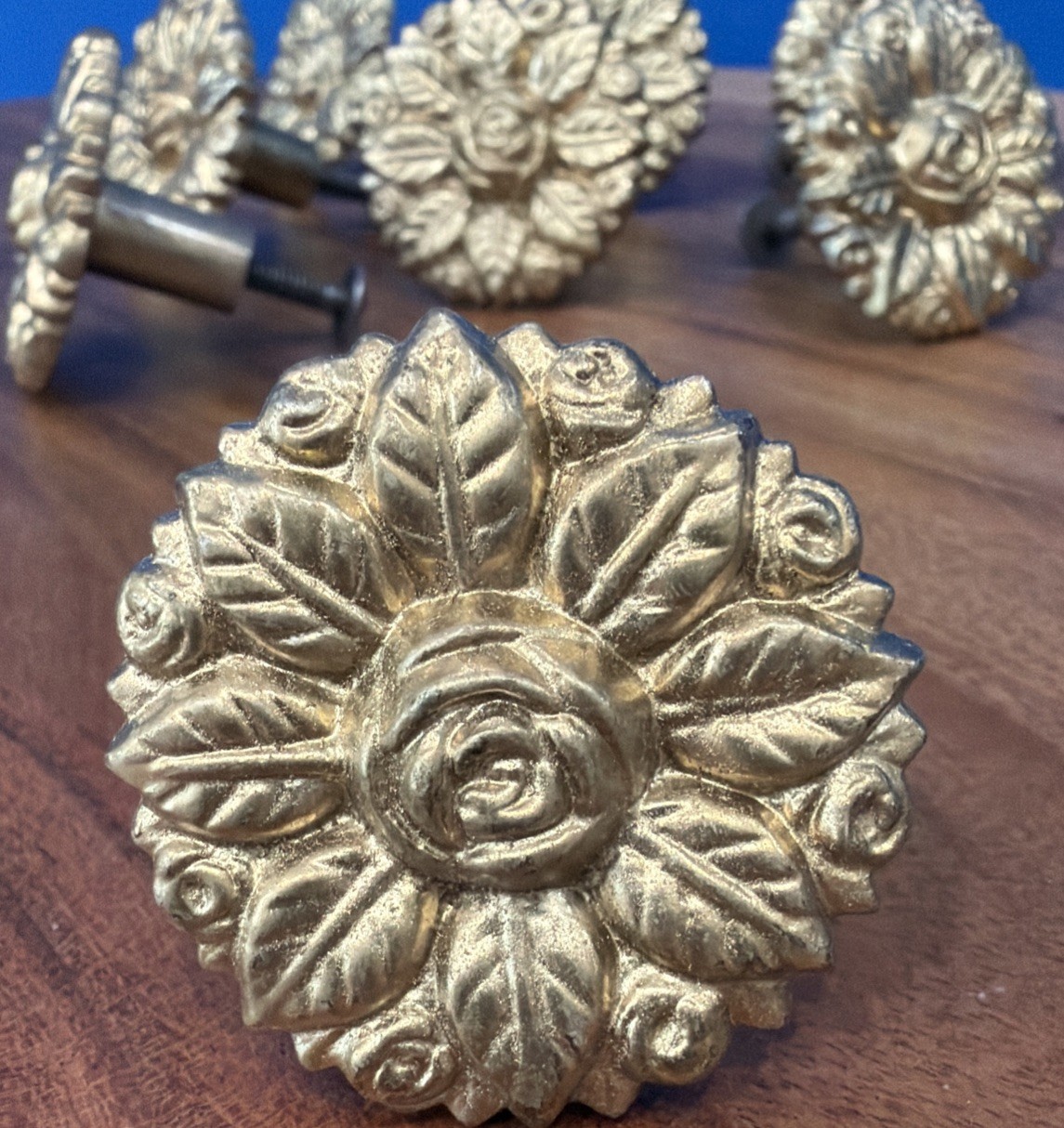 Set of 8 Vtg Gold Non Magnetic Metal Drawer Knobs Ornate Floral Rose 1 1/2”