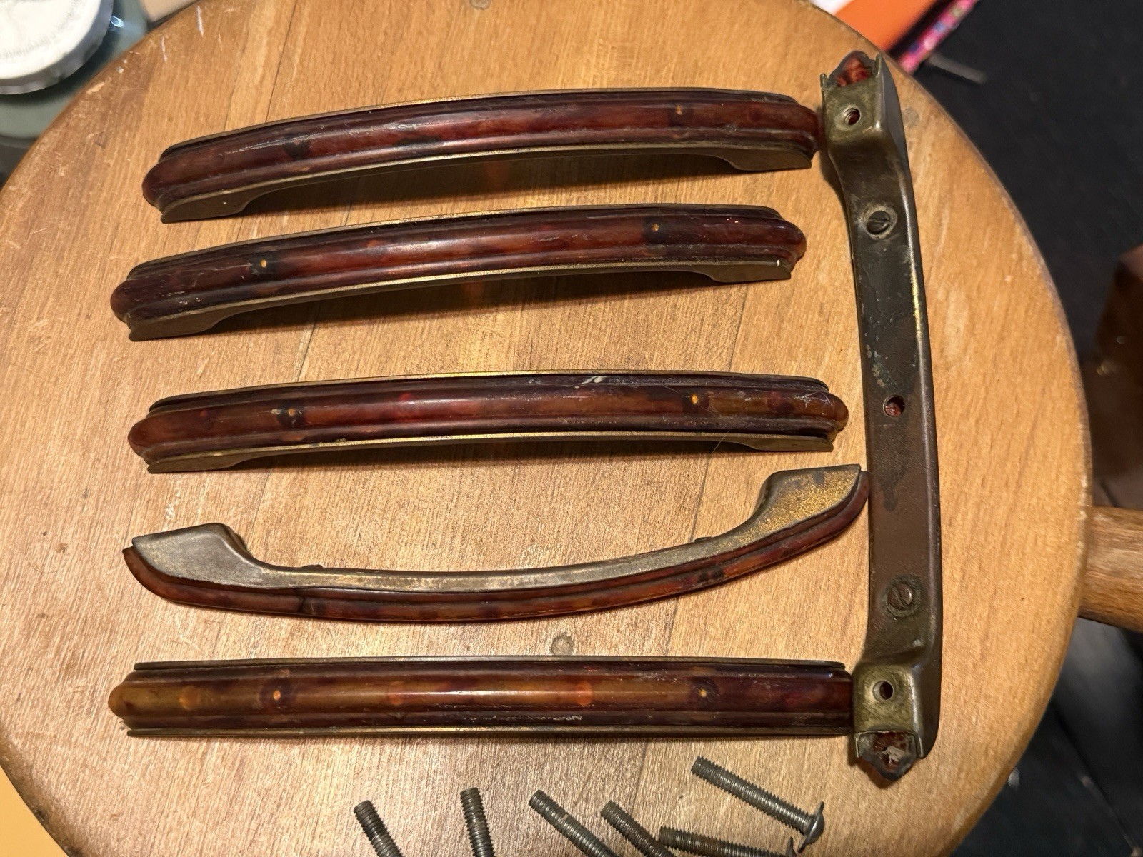 Set of 6 Art Deco Bakelite & Brass Drawer Pulls / Handles. Original Screws Incl