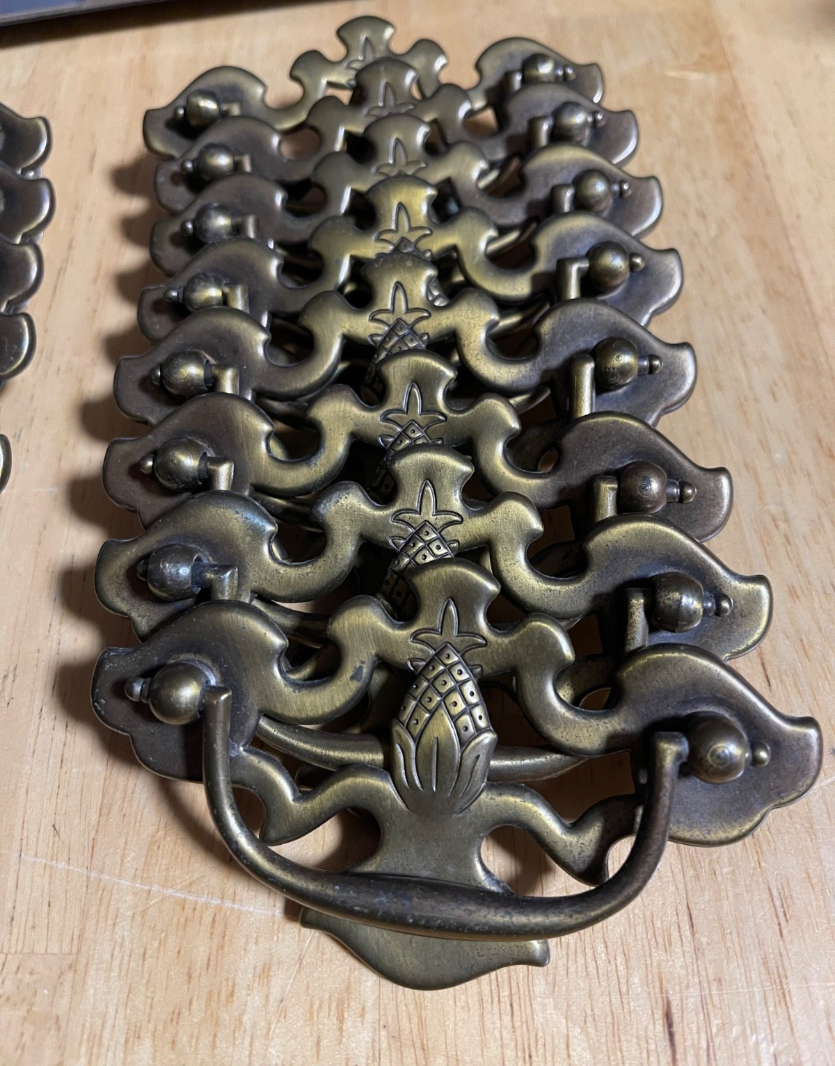 16 Pc VTG Bassett Aged Brass Pineapple Drop Bail Drawer Pull Handles w/ Screws
