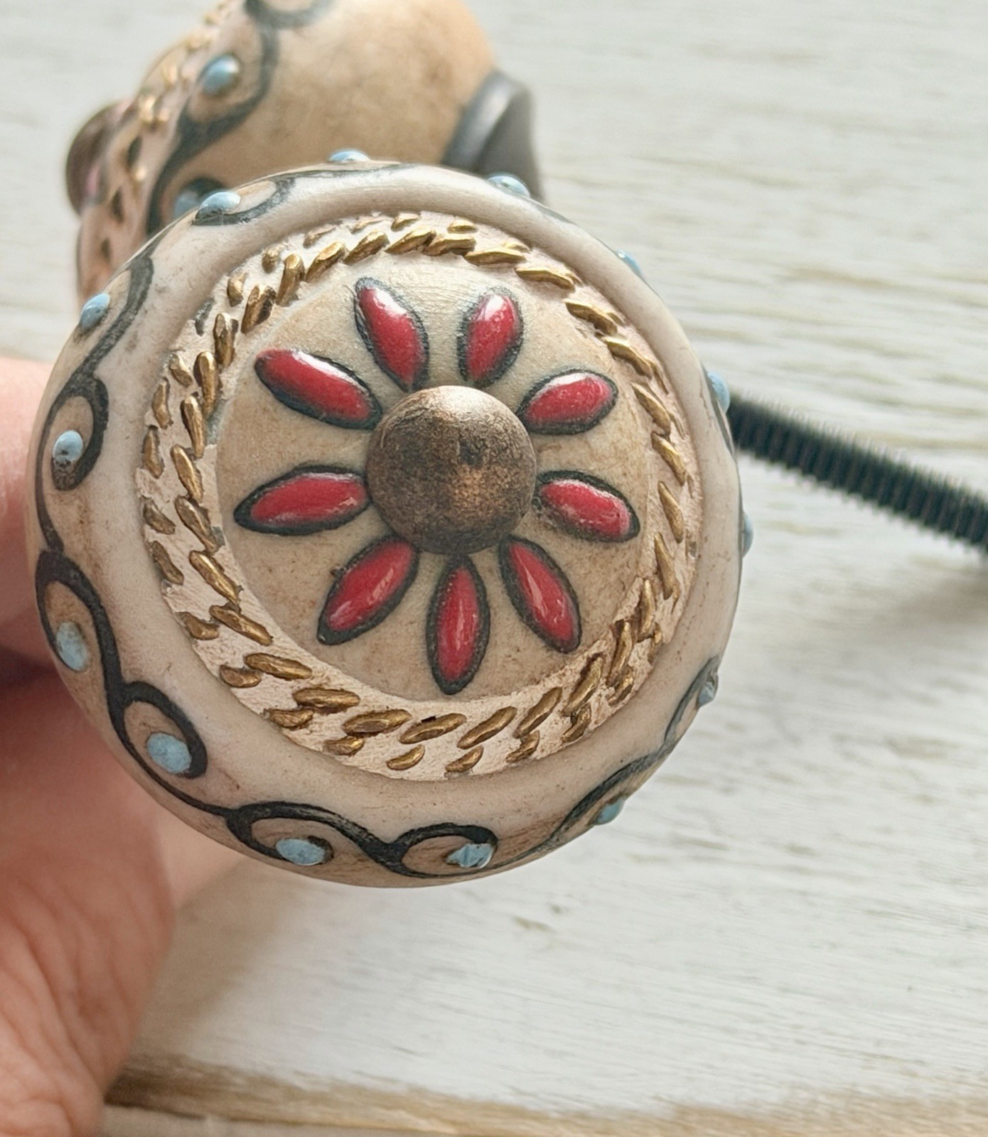 2 Antique Beige Red Floral Medallion Drawer Knob Cabinet Pulls Vintage Style