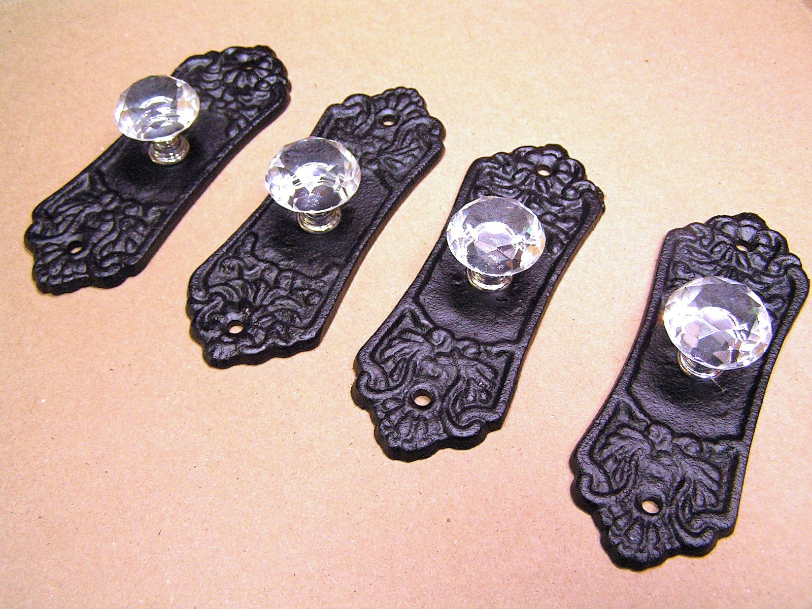 Four Glass Crystal Style Knobs, Black Cast Iron Backplate, Old Style Hardware