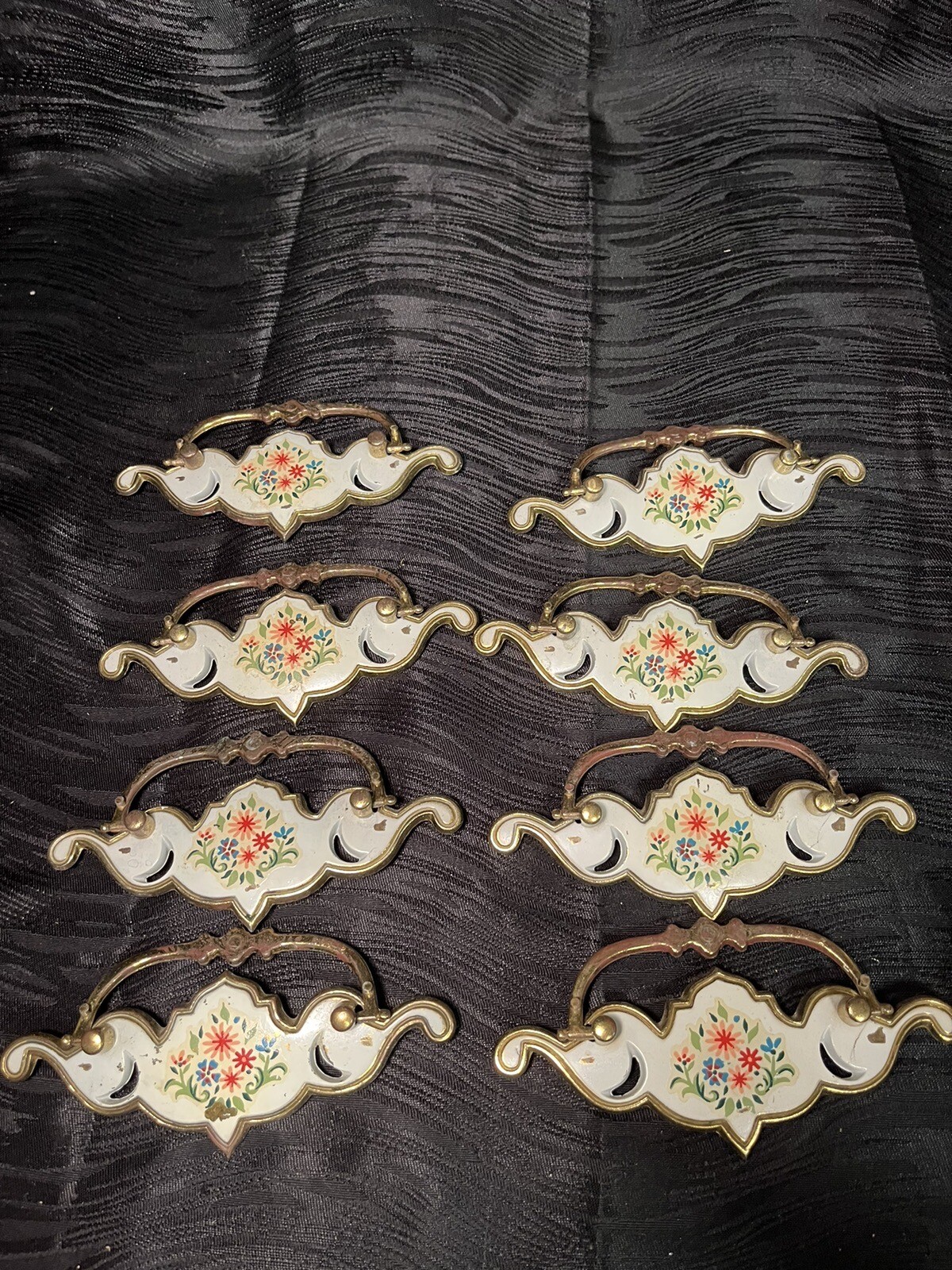 8pc Vintage Brass Drop Bale Dresser Cabinet Drawer Pulls White Floral Design