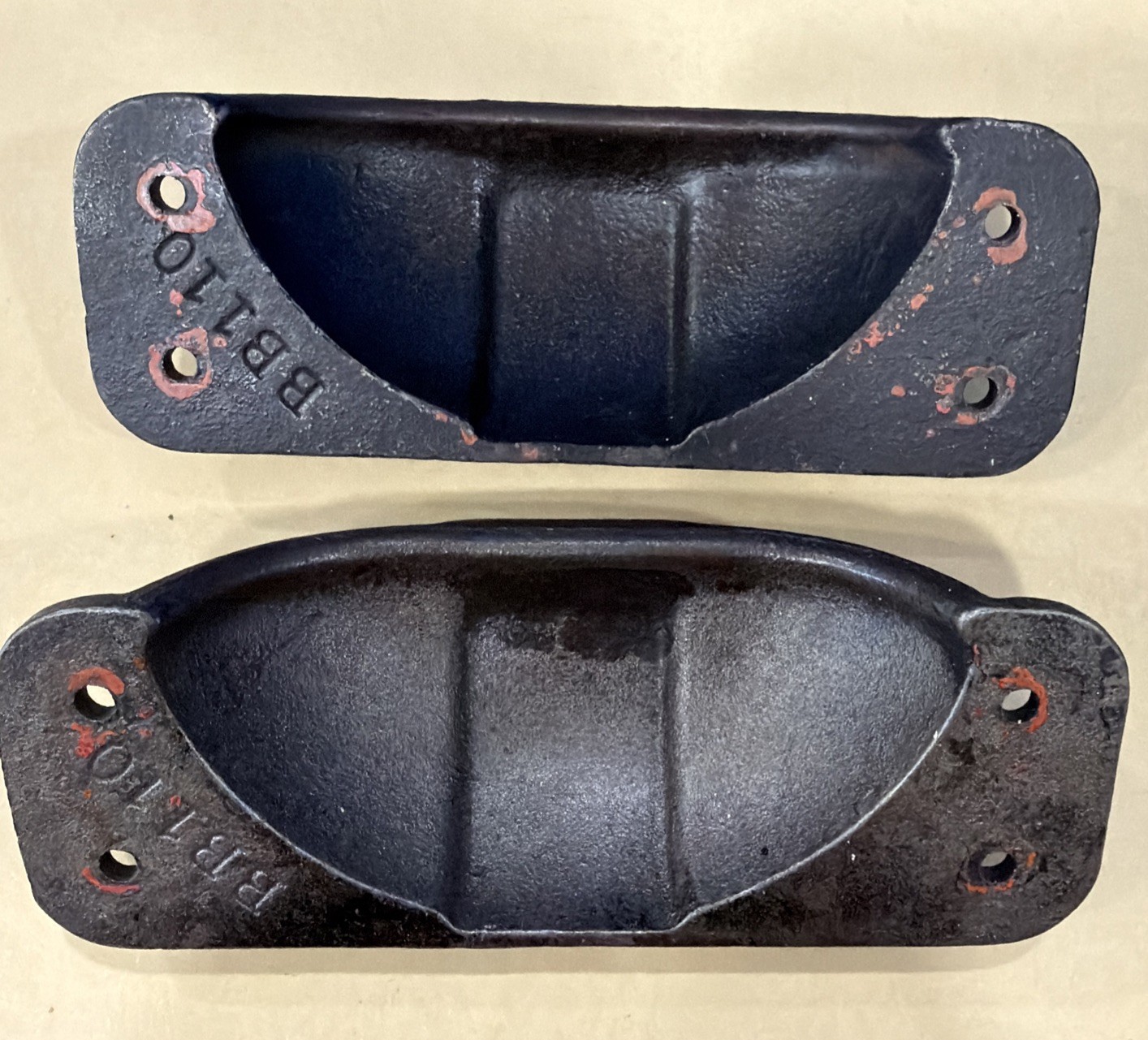 Set of 2 Cast Iron Bin Pulls Rustic Vtg Farm Black W/Rusty Brown Patina Heavy 6”
