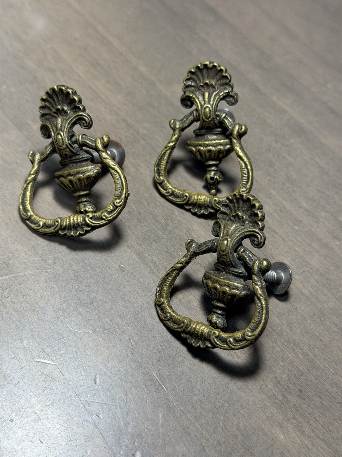 3 Antique Drop Ring Pulls Drawer Door Vintage Dresser Handle Hardware Lot A