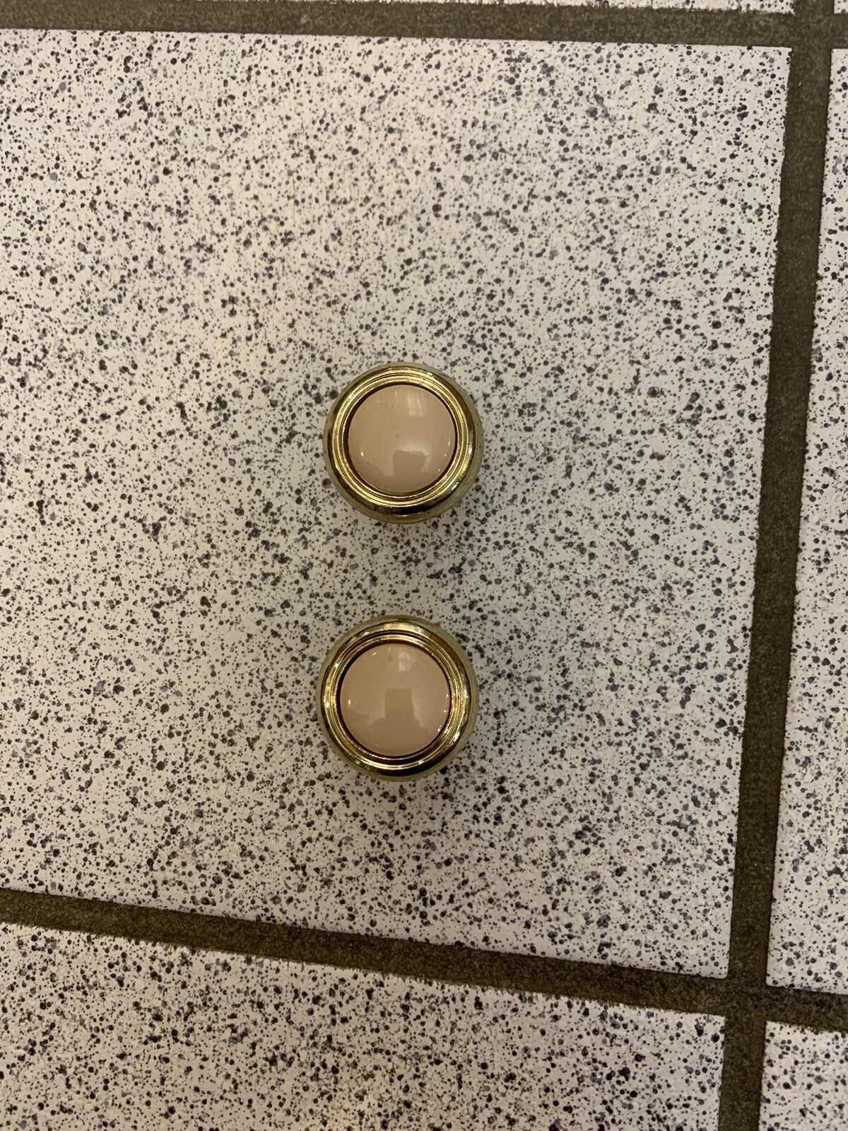2 Knobs Beige Ceramic Brass Round Pulls Cabinet Drawer Heavy Mid Century Vintage