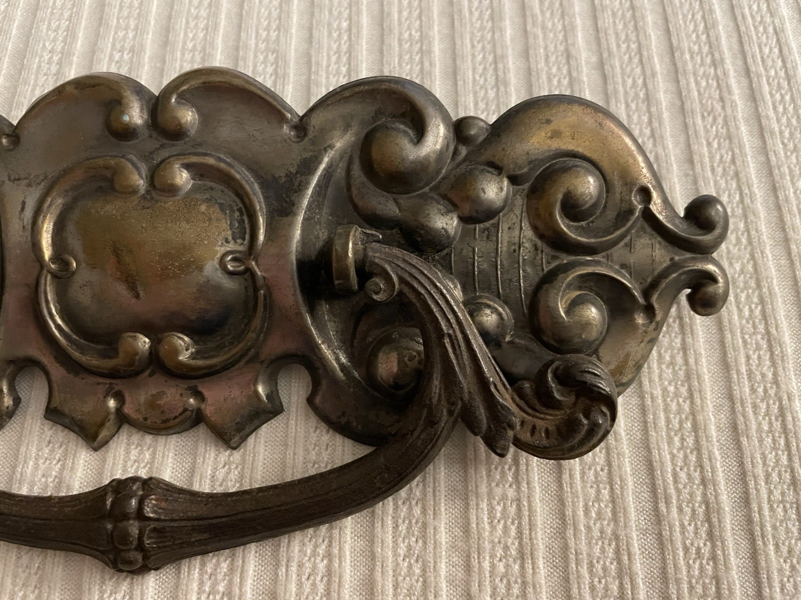 Ornate Victorian style door pull, pot metal, patina, rusted, bail pull