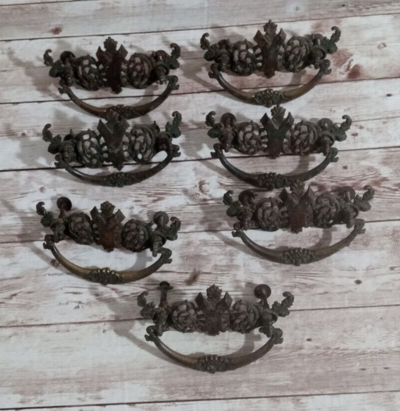 7 Antique Cast Brass Drawer Pulls Drop Bail Victorian Furniture Handle Hardware