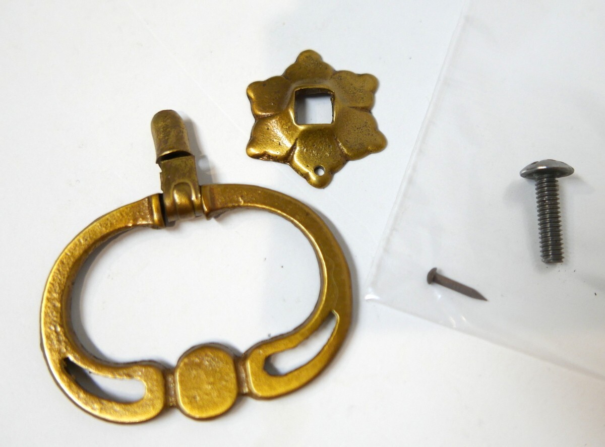 Antique French Oval Drop Solid Brass Drawer Pull Handle with Backplate NOS