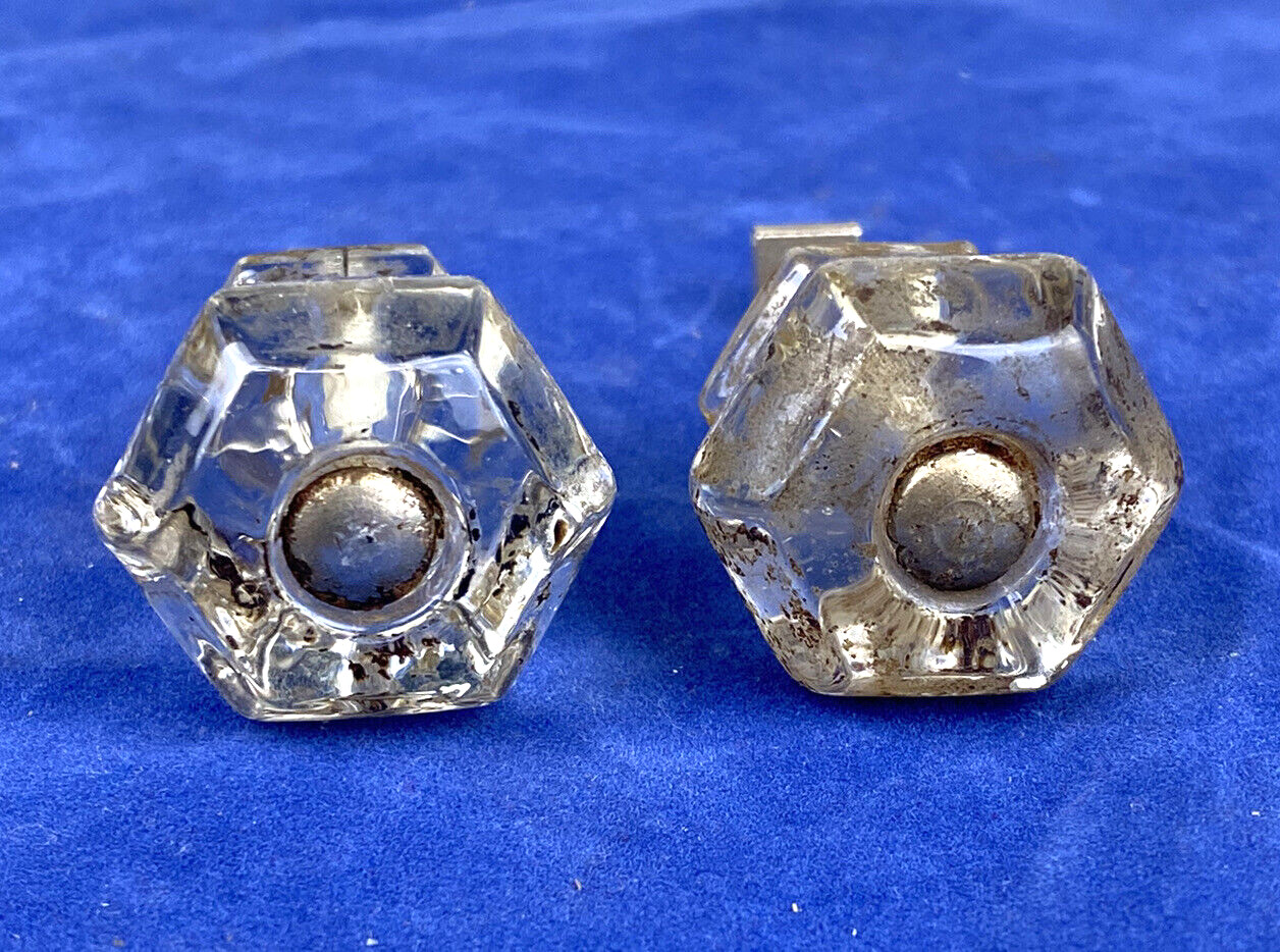 Pair Antique 6 Sided Hexagon Glass Pulls, Cabinet or Drawer Pulls, No Chips!
