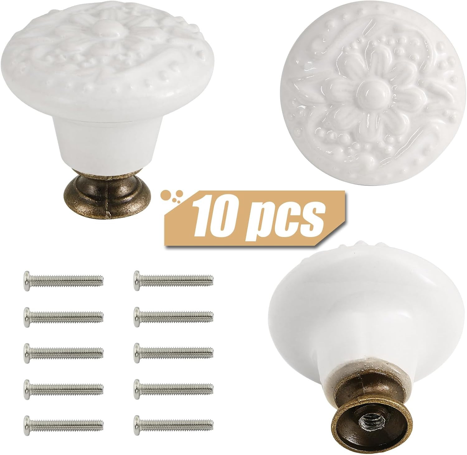 White Ceramic Knobs 10 Pack Flower Drawer Pulls Vintage Cabinet Knobs – Antique
