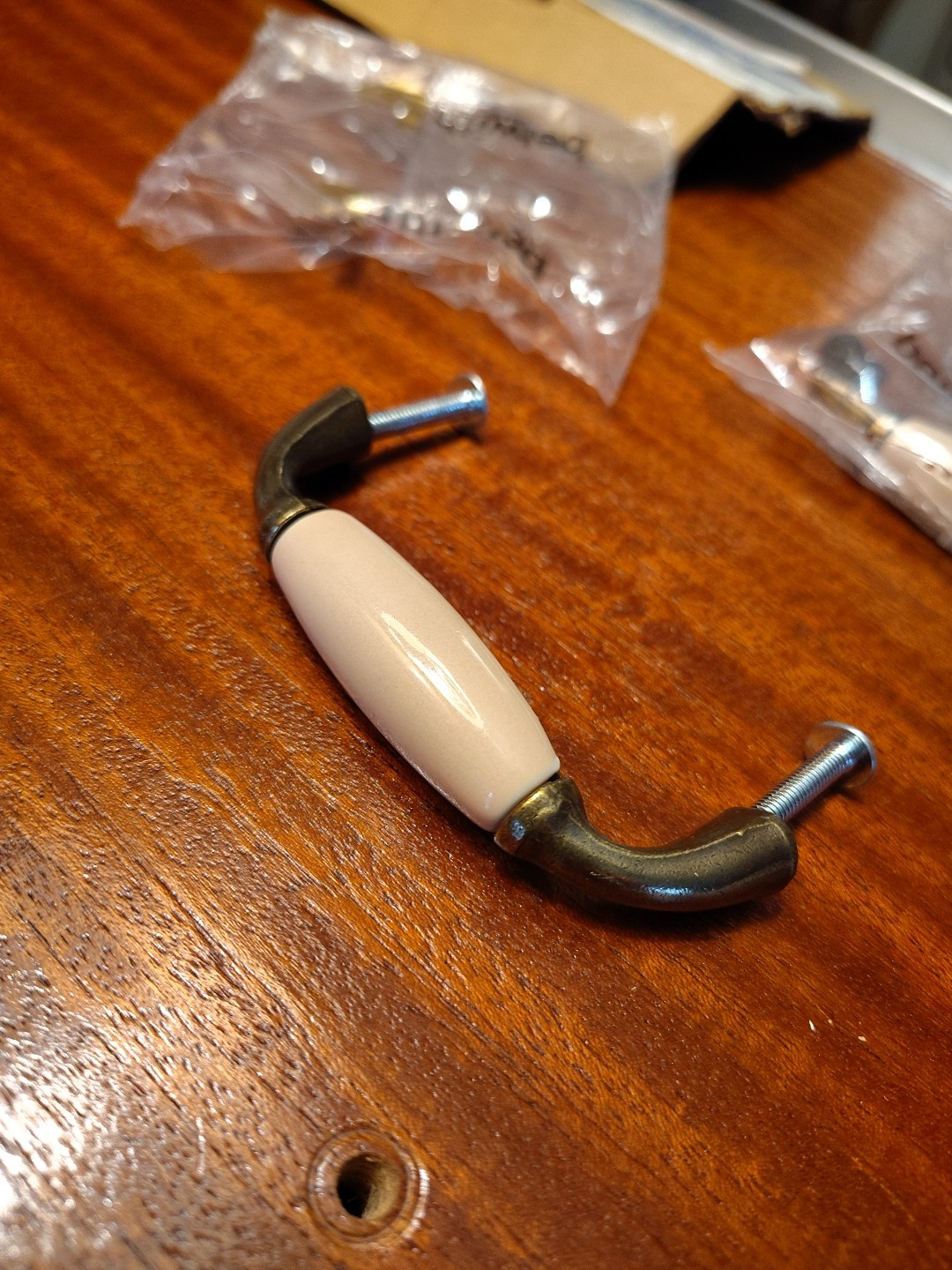 NOS 18 Vintage 2pc Door Pulls Brass&Porcelain Beige belwith Hardware 3″ Vintage