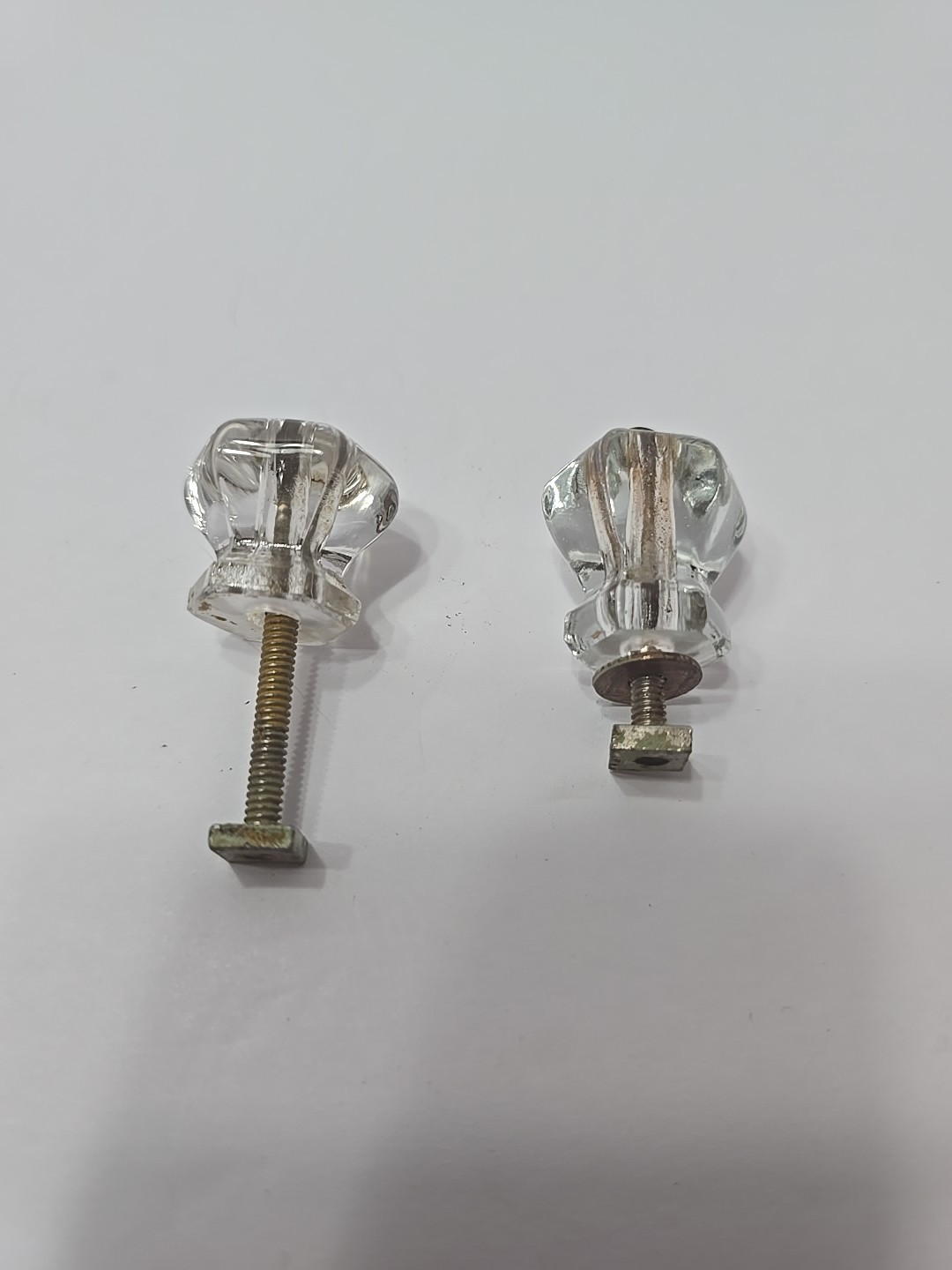 Lot of 2 VTG Clear Glass 6 Sided Cabinet Pulls Drawer Knobs Sunken Screw Heads