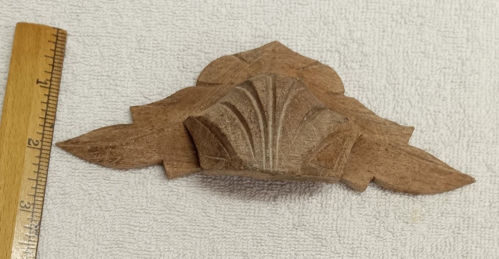ANTIQUE WALNUT CARVED LEAF PATTERN DRAWER, BIN, DOOR, HANDLE