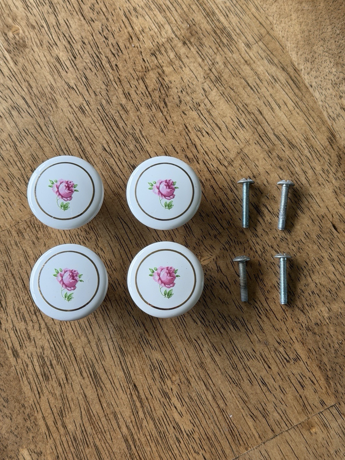 Vintage Belwith Round Cabinet Knob Drawer Pull Ceramic White Gold Pink Rose 1.5”