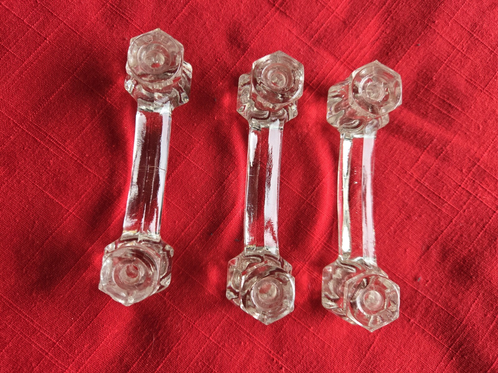 3 Vintage CLEAR GLASS 4” HANDLES With 3” Hole Spread Cabinet Drawer Pulls Knobs