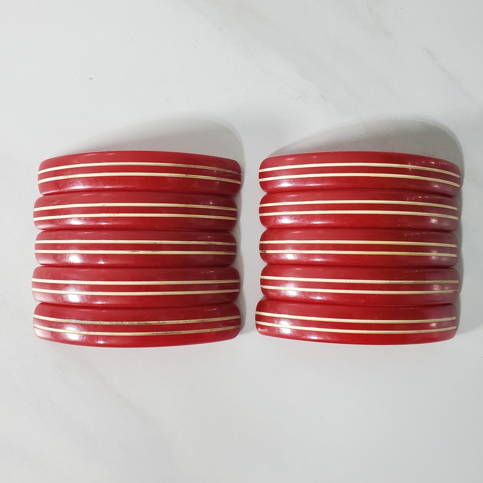 Bakelite Cherry Red White Stripe Art Deco Drawer Pull Cabinet Handle Set of 10