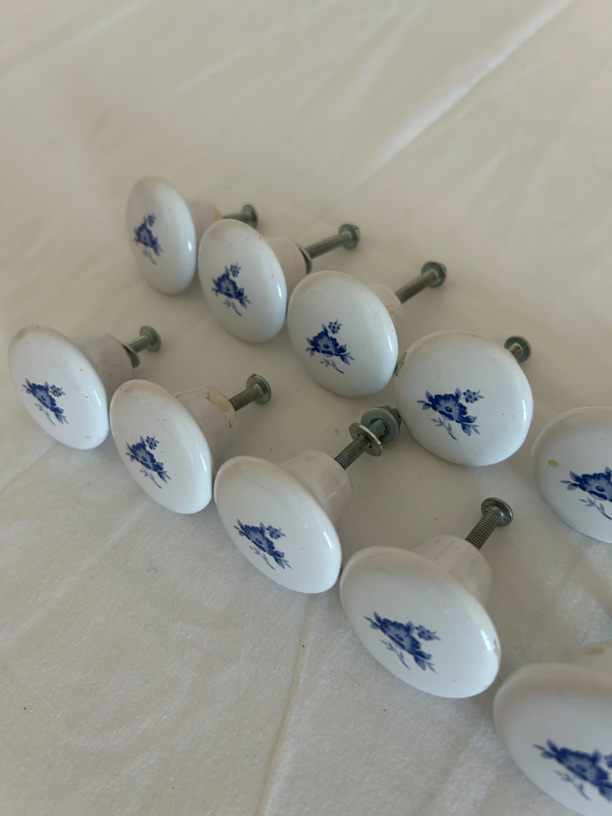 Vintage Porcelain Cabinet Knobs with Blue Floral Design Drawer Pulls Set of 11