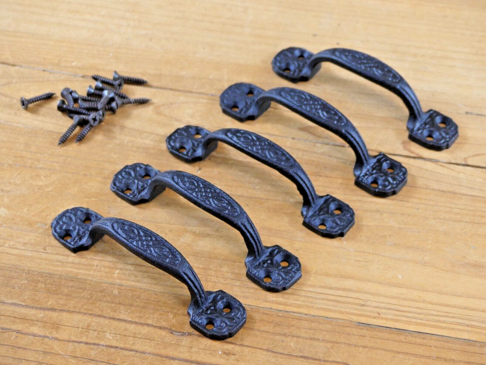 5 Small Drawer Pulls 4 1/4″ Window Antique Vintage Style Rustic Cast Iron BLACK