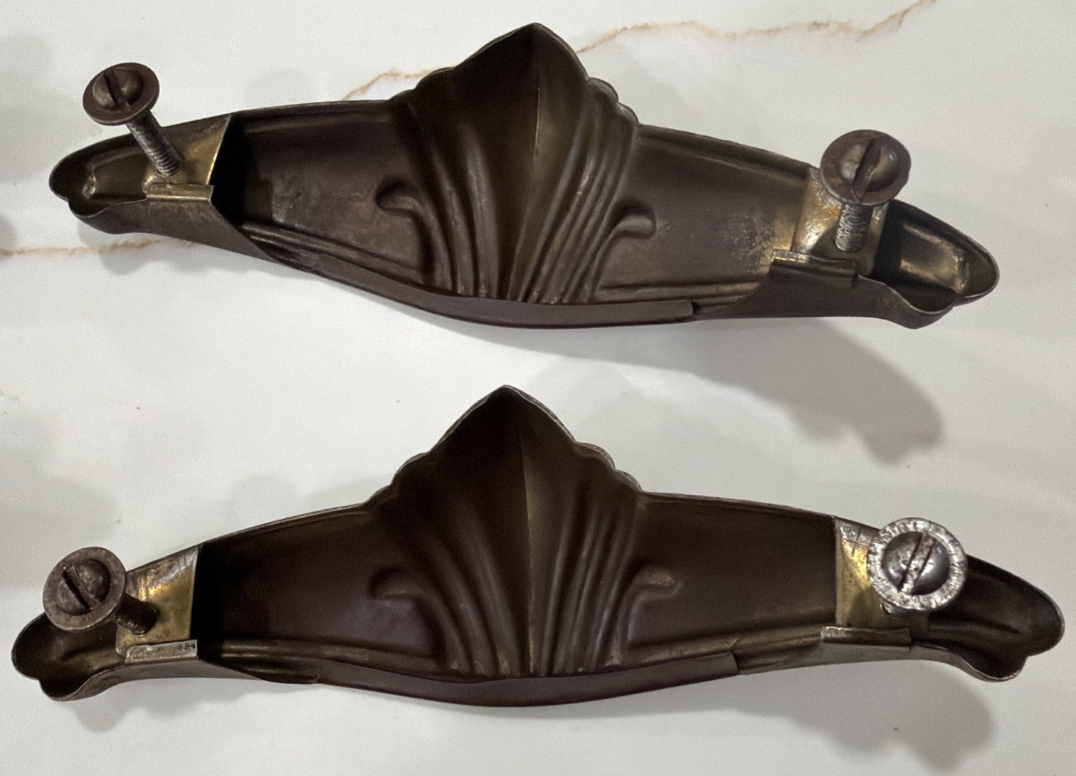Set of 6 Vintage Art Deco Drawer Pull Handles Copper/Bronze Tone Stamped Steel