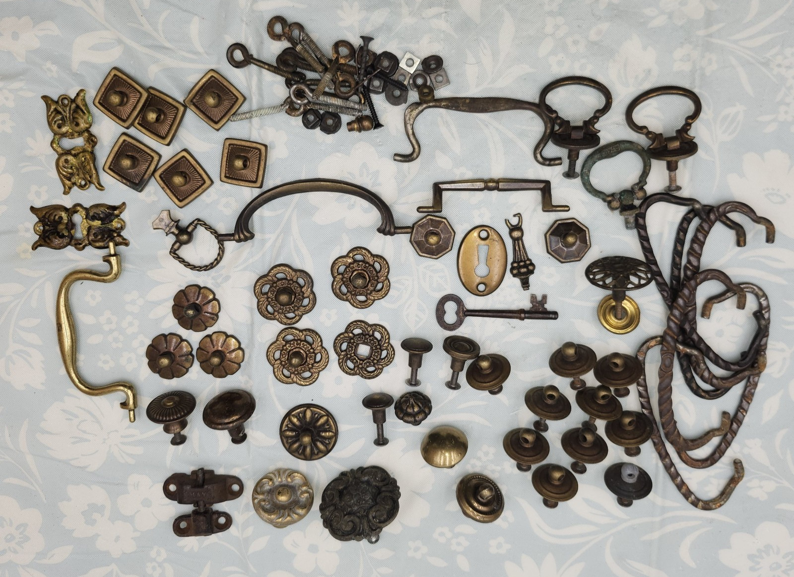 Lot antique bronze Vintage furniture Knobs & bail pulls stamped brass key hole