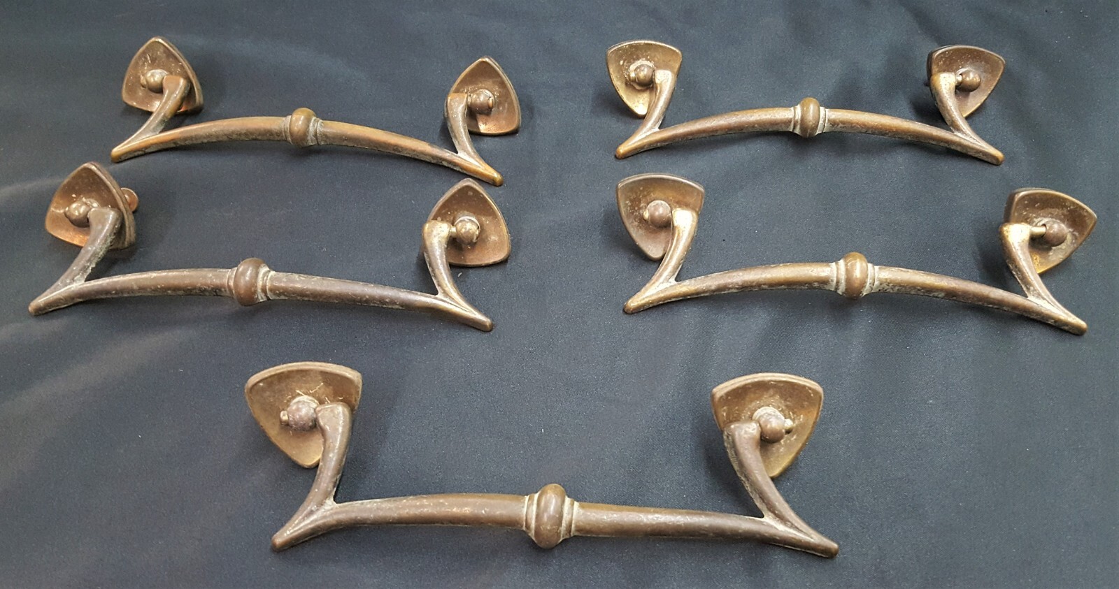 Mid Century Modern Set of 5 Brass Drawer Pulls with Triangle Sides & Screws
