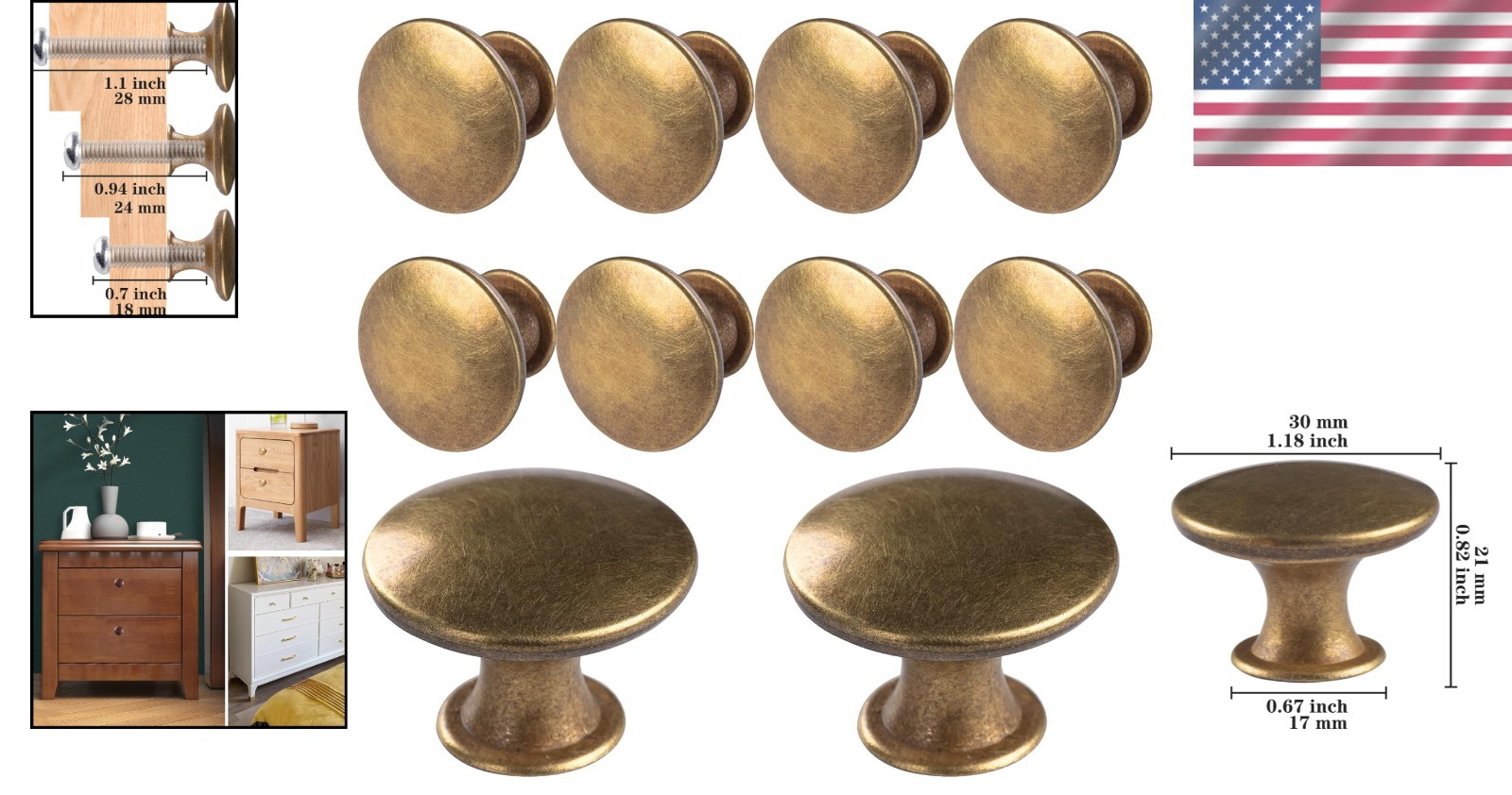 Classic Round Antique Brass Drawer Pulls – 10 Pack Lightweight Knobs with Screws
