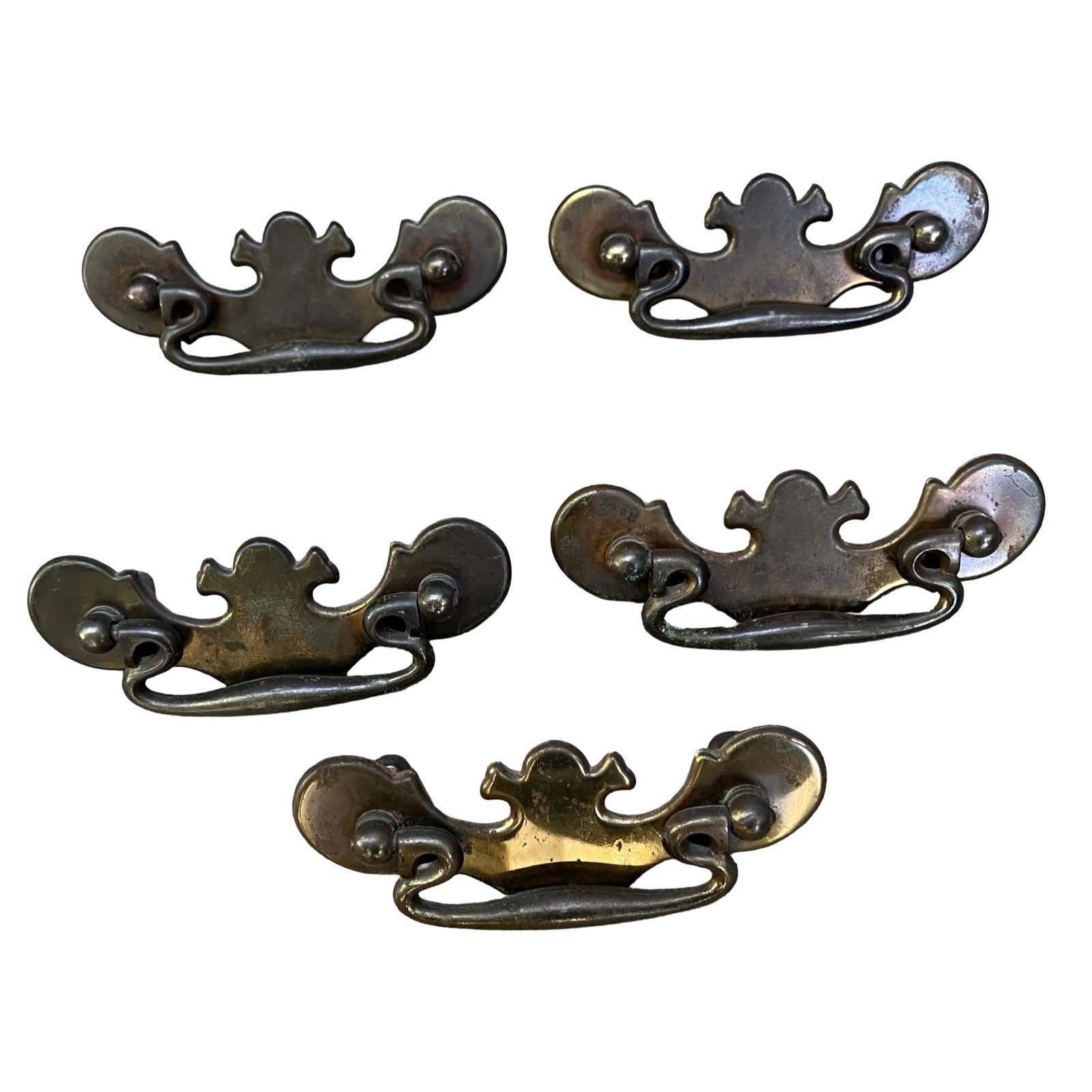 VTG Chippendale Bail Drop Drawer Pulls Batwing Brass-Metal Reclaimed Lot Of 5