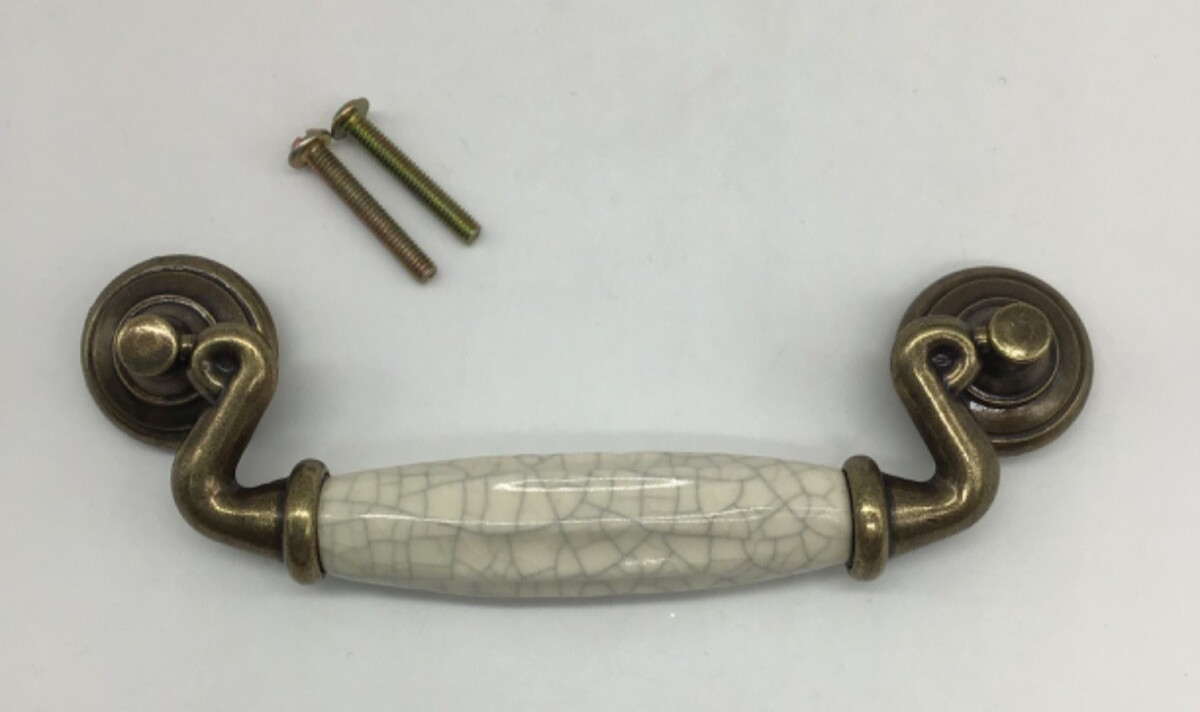 Antique Brass Hardware With Beige Ceramic Crazing Drop Bail Drawer Pull New