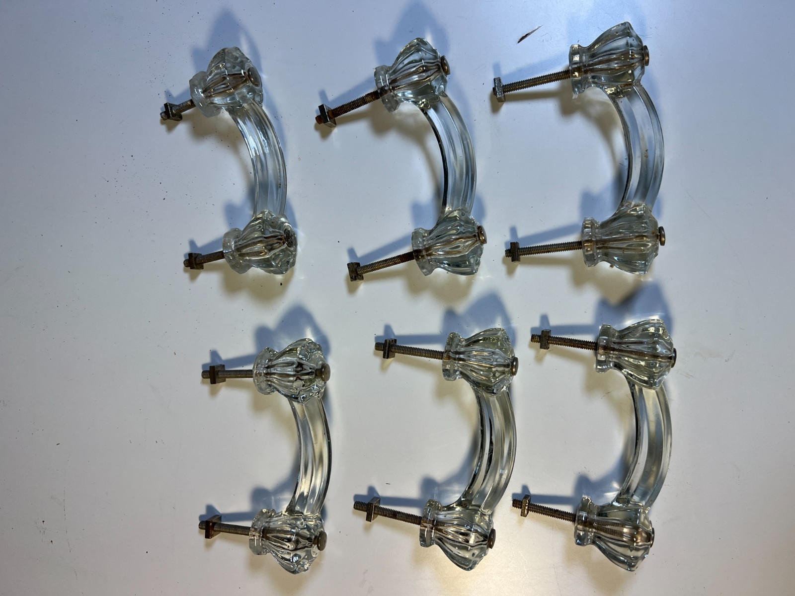 Antique Vintage Glass Cabinet Drawer Handles Pulls Set 6 SIX Art Deco Arched