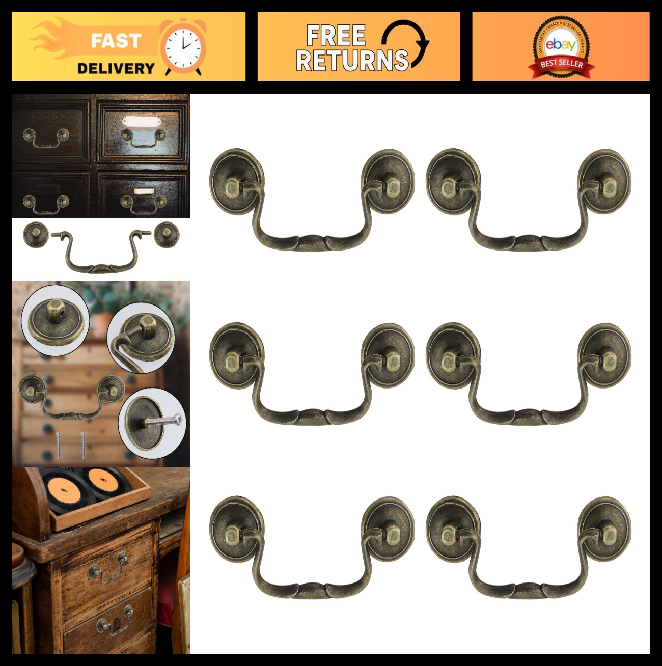 6 Antique Bronze Drop Bail Pulls – Vintage Drawer Cabinet Handles, 3.3″ Centers