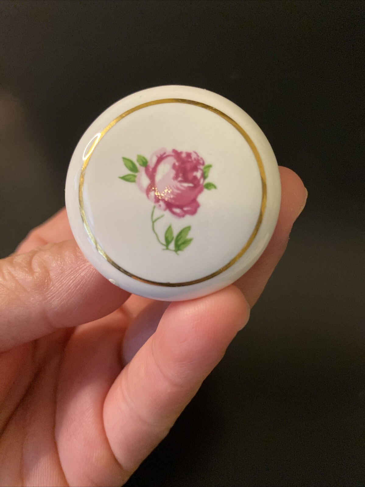 Pair VTG Round White Porcelain Hand Painted Rose Floral Drawer Knobs With Bolts
