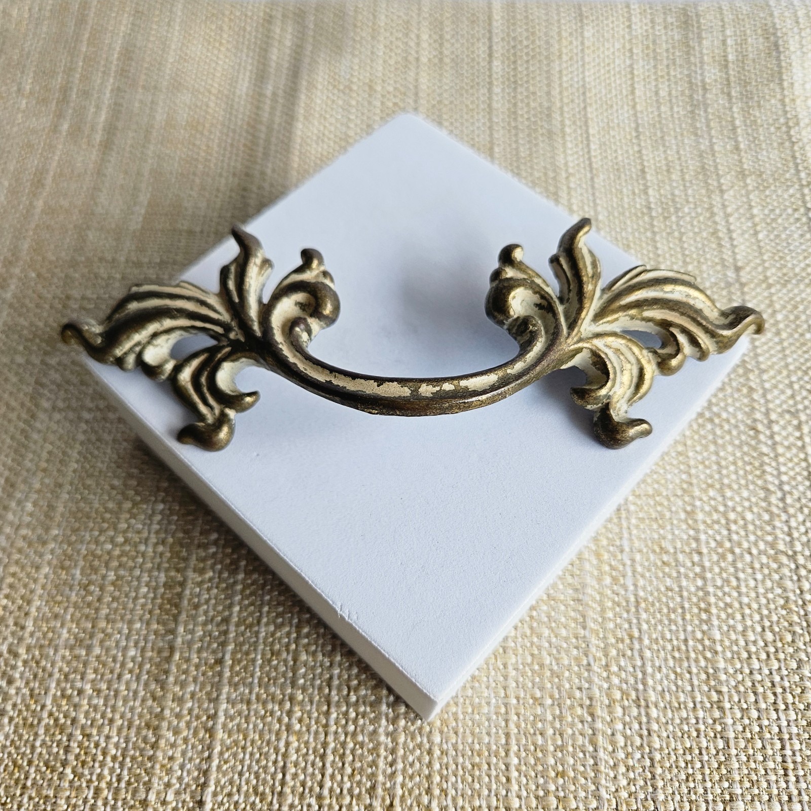 French Provincial Bail Drop Drawer Pulls Pair Antique Brass Patina Ornate M1676