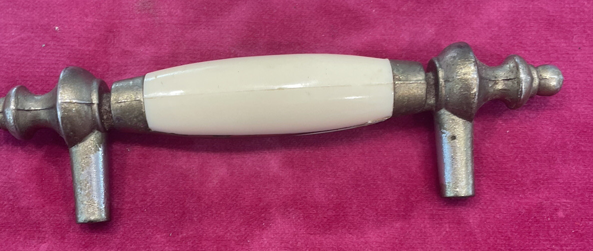 1960’s Aged Brass Steeple Tips 3” Center White/Off-White Beige Porcelain Drawer