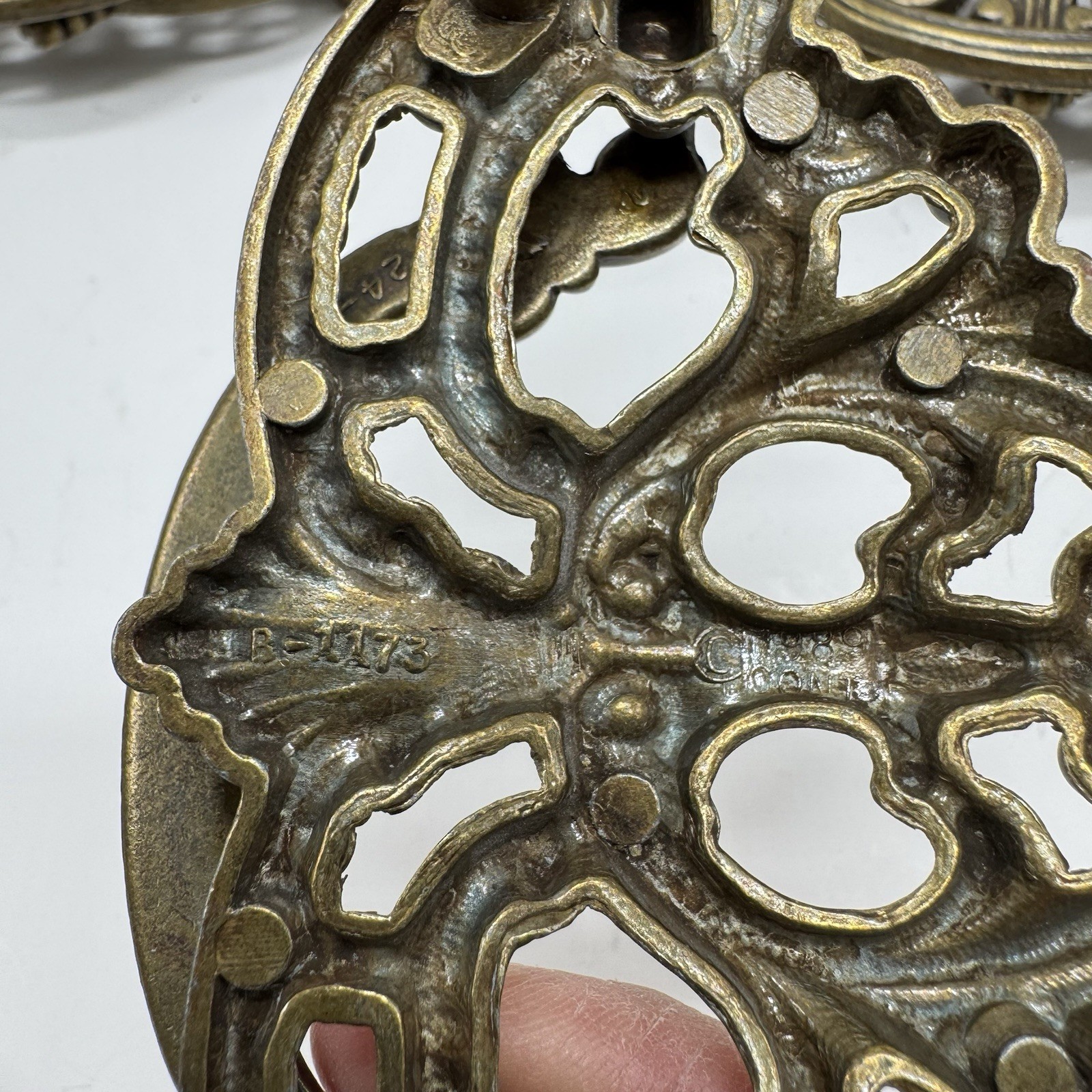 Vintage 1988 80s Antique Brass Bail Drop Drawer Pull Hardware Ornate Replacement