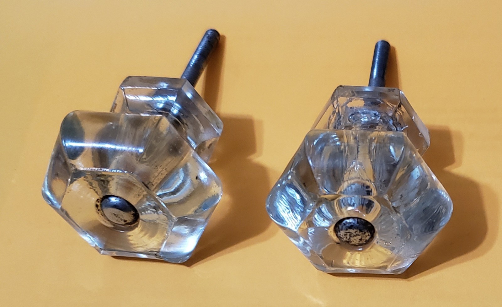 2 Antique Hexagonal Clear Glass Drawer Knobs 1.5″ x 1.3125″