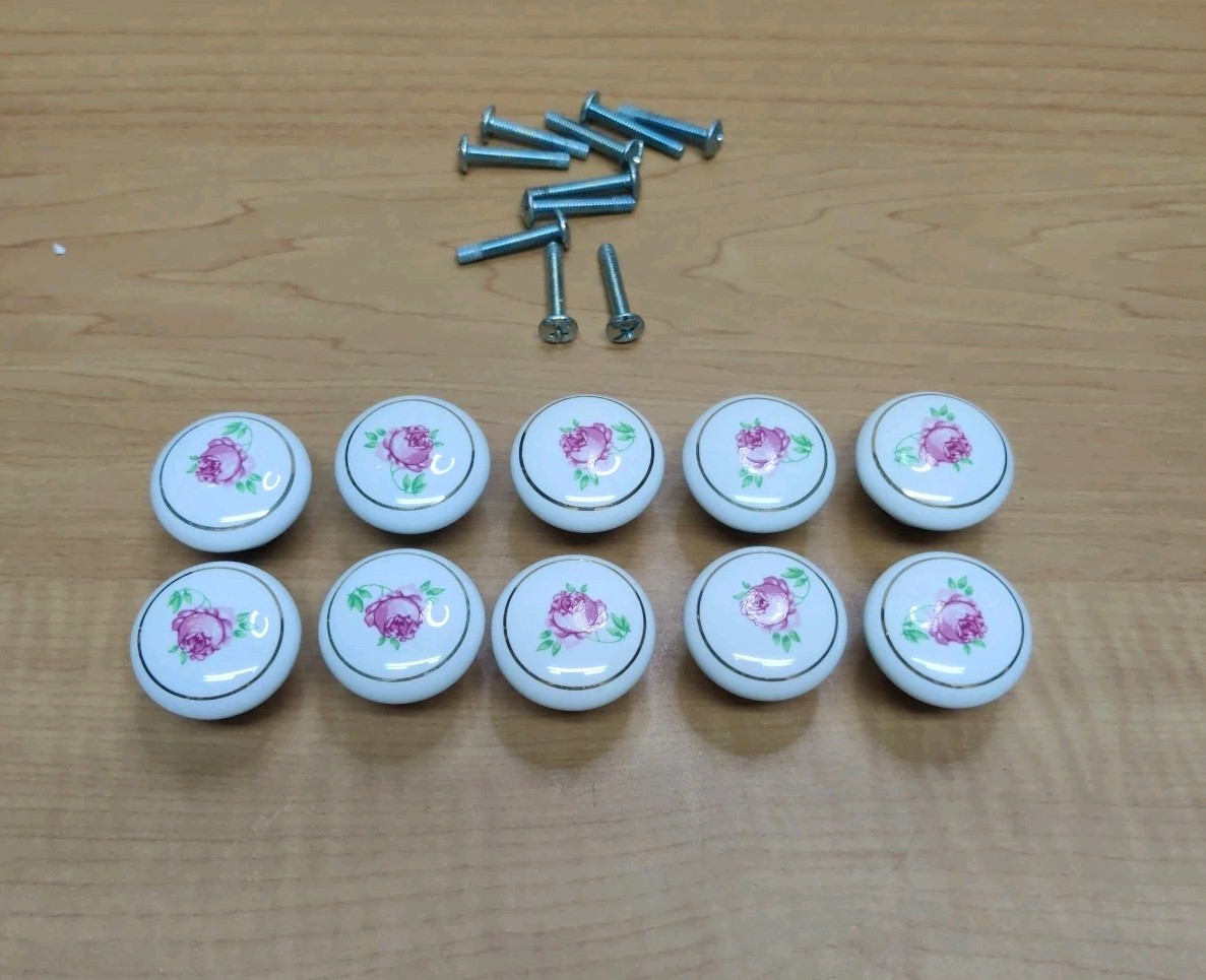 Porcelain Drawer Cabinet Pulls White Floral Roses SET of 10