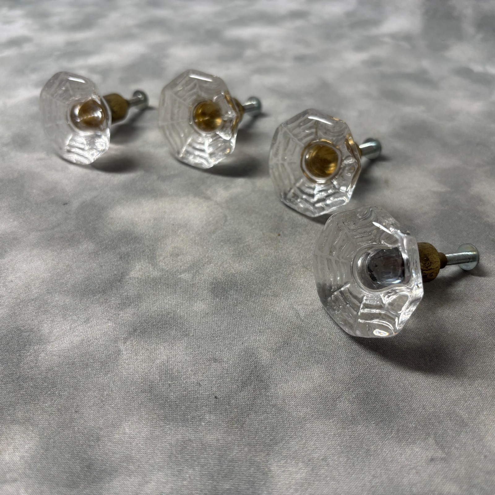 Set of 4 Vintage Glass Drawer Knobs Hexagonal Clear with Brass Center Used