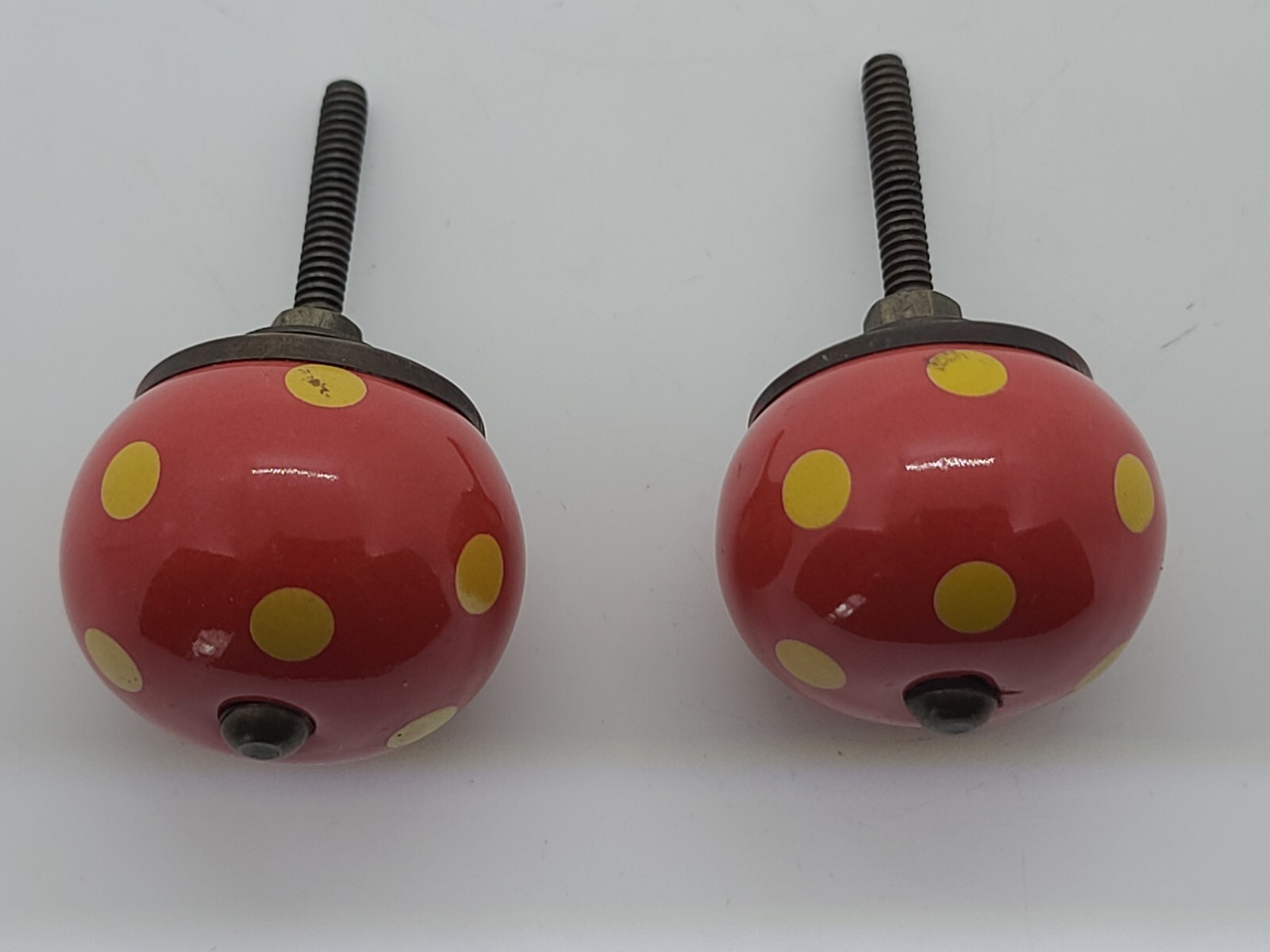 Antique Pair Red Round Porcelain with Yellow Spots Drawer Cabinet Pull Handles