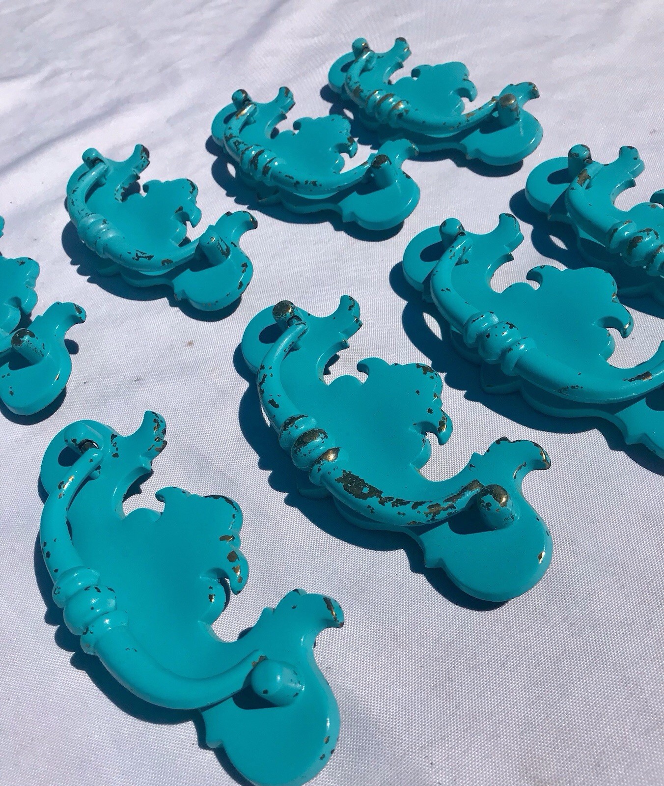 Vtg Turquoise Blue Dresser Desk Cabinet Drawer Pulls 5.5” Set 8 Cottage Western