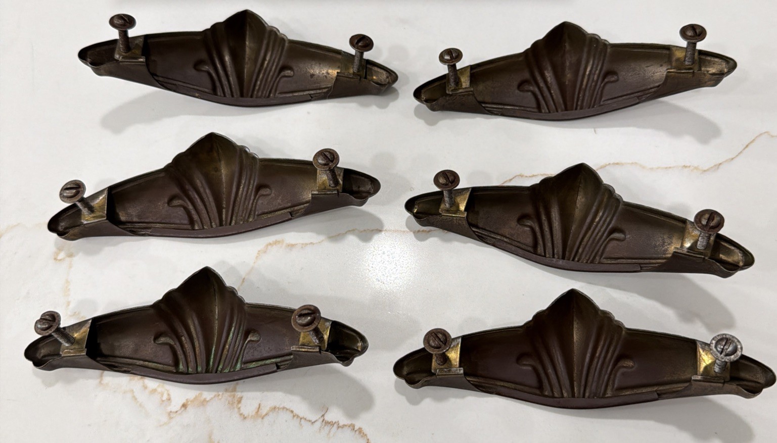 Set of 6 Vintage Art Deco Drawer Pull Handles Copper/Bronze Tone Stamped Steel