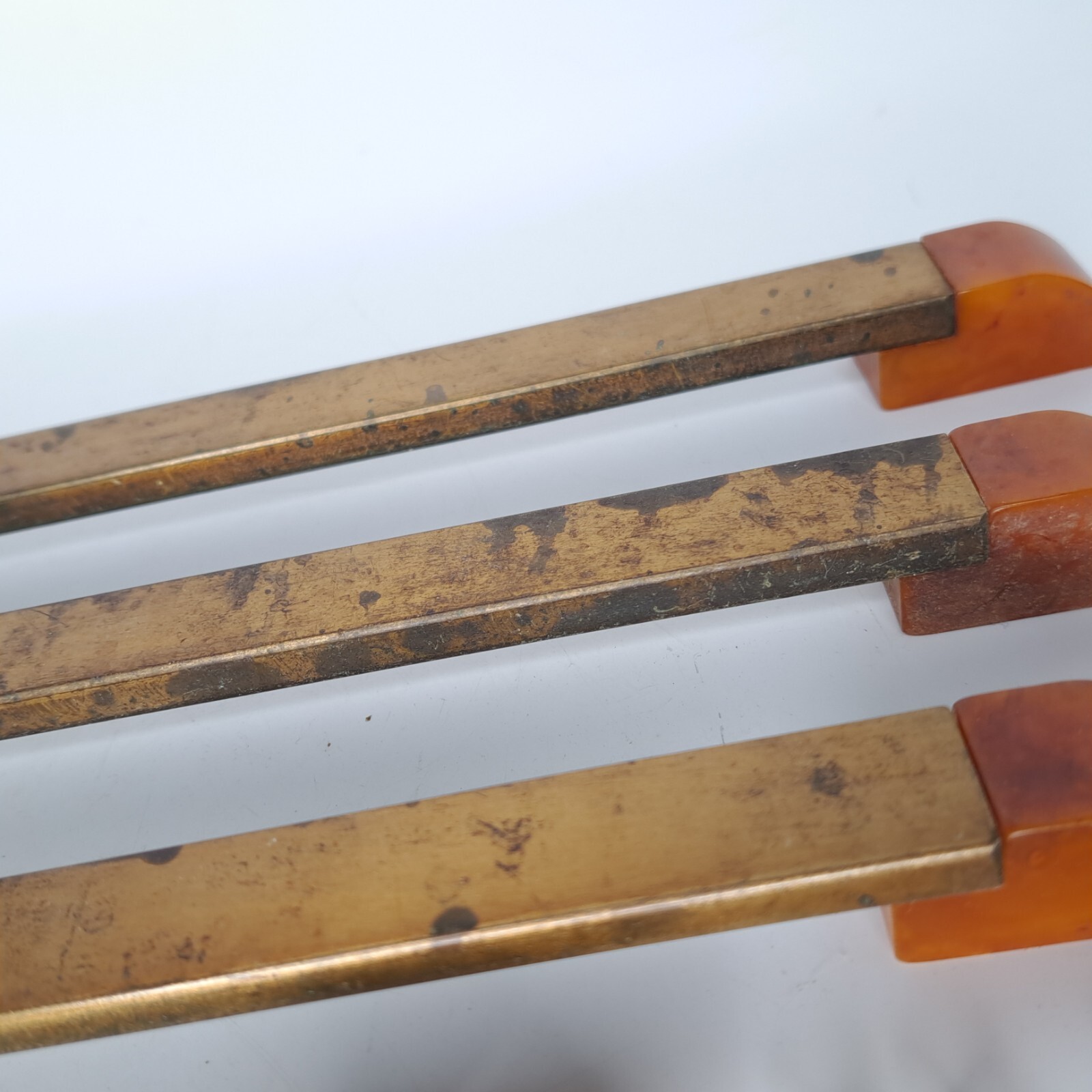 4 Antique ART DECO Butterscotch Bakelite Brass Plated Bar Drawer Pulls Reclaimed