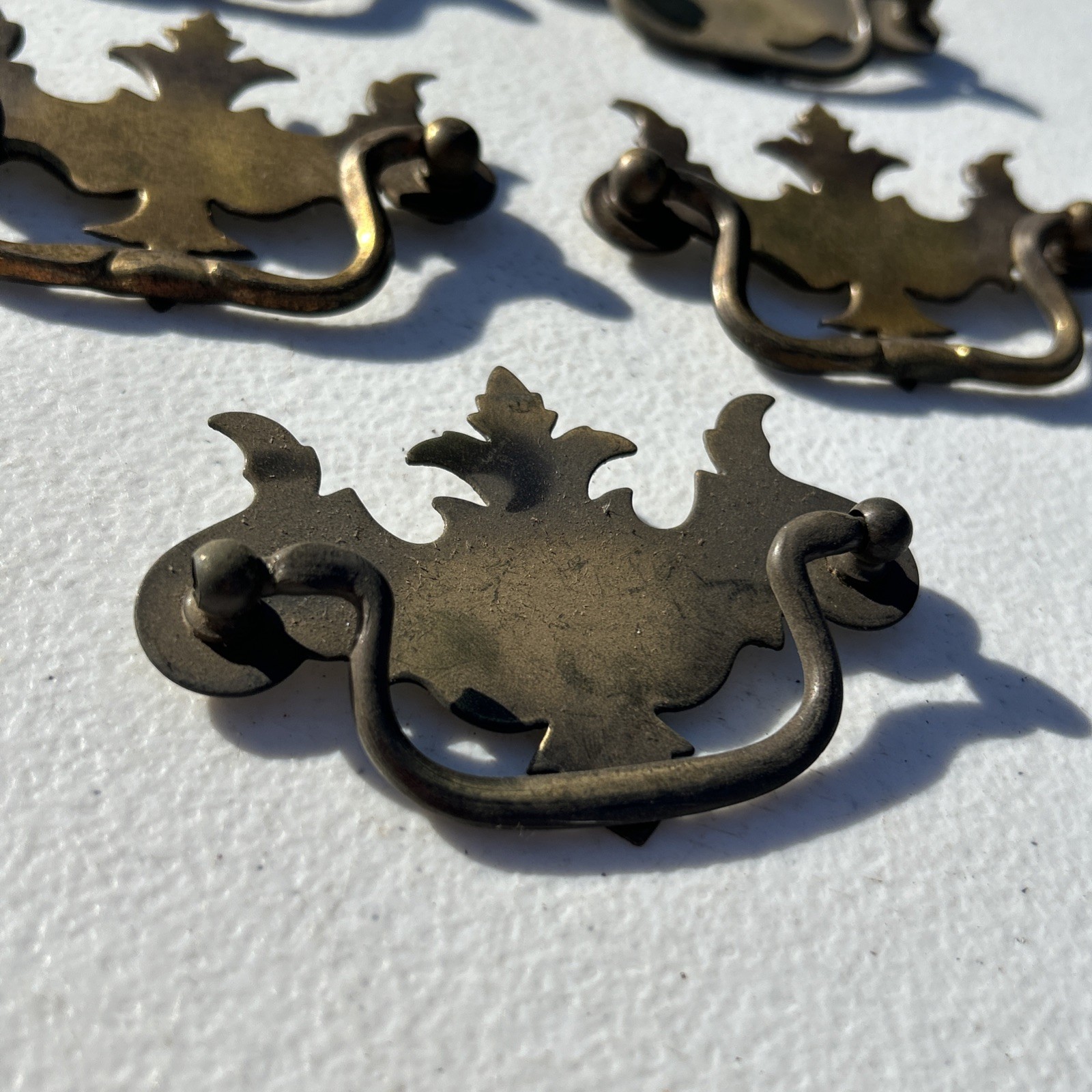 Lot Of 7 Flat Bat Drop Bail Pull Handle Solid Dark Aged Brass 3 3/4” Vintage