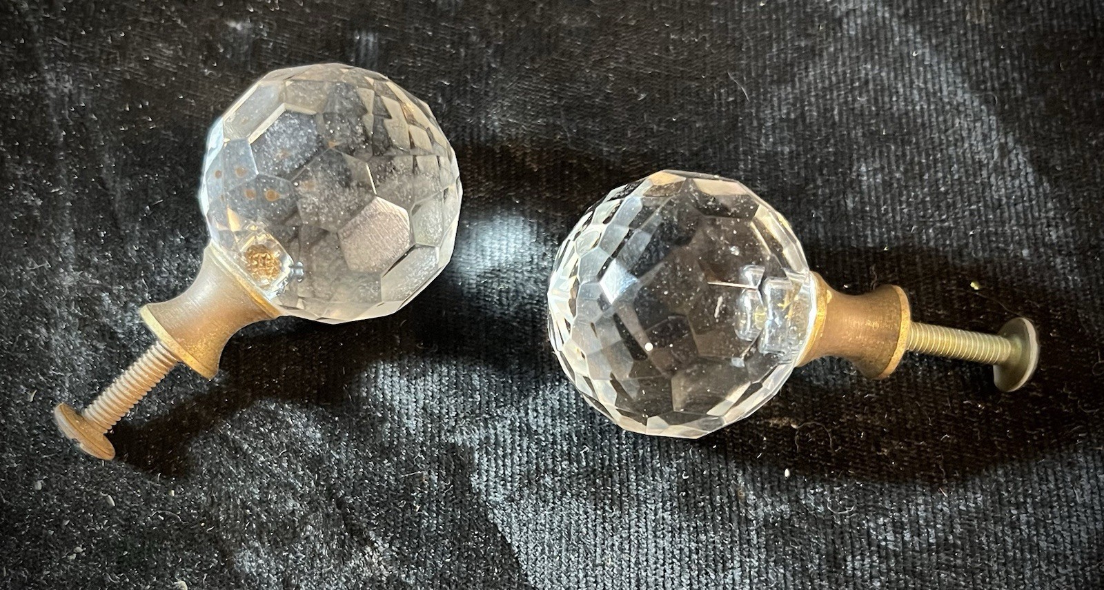 Pair Vintage clear faceted crystal ball doorknobs drawer pulls with brass base